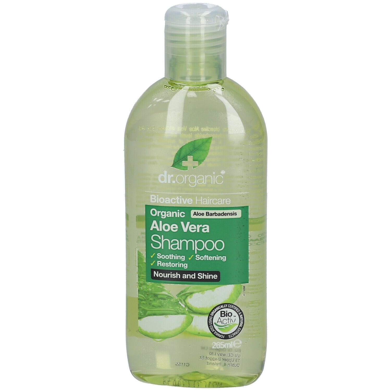 Rückseite einer grünen, ovalen Shampoo-Flasche. Text: Inhaltsstoffe, Bioactive, natural and organic ingredients, Aloe Vera Leaf Juice.