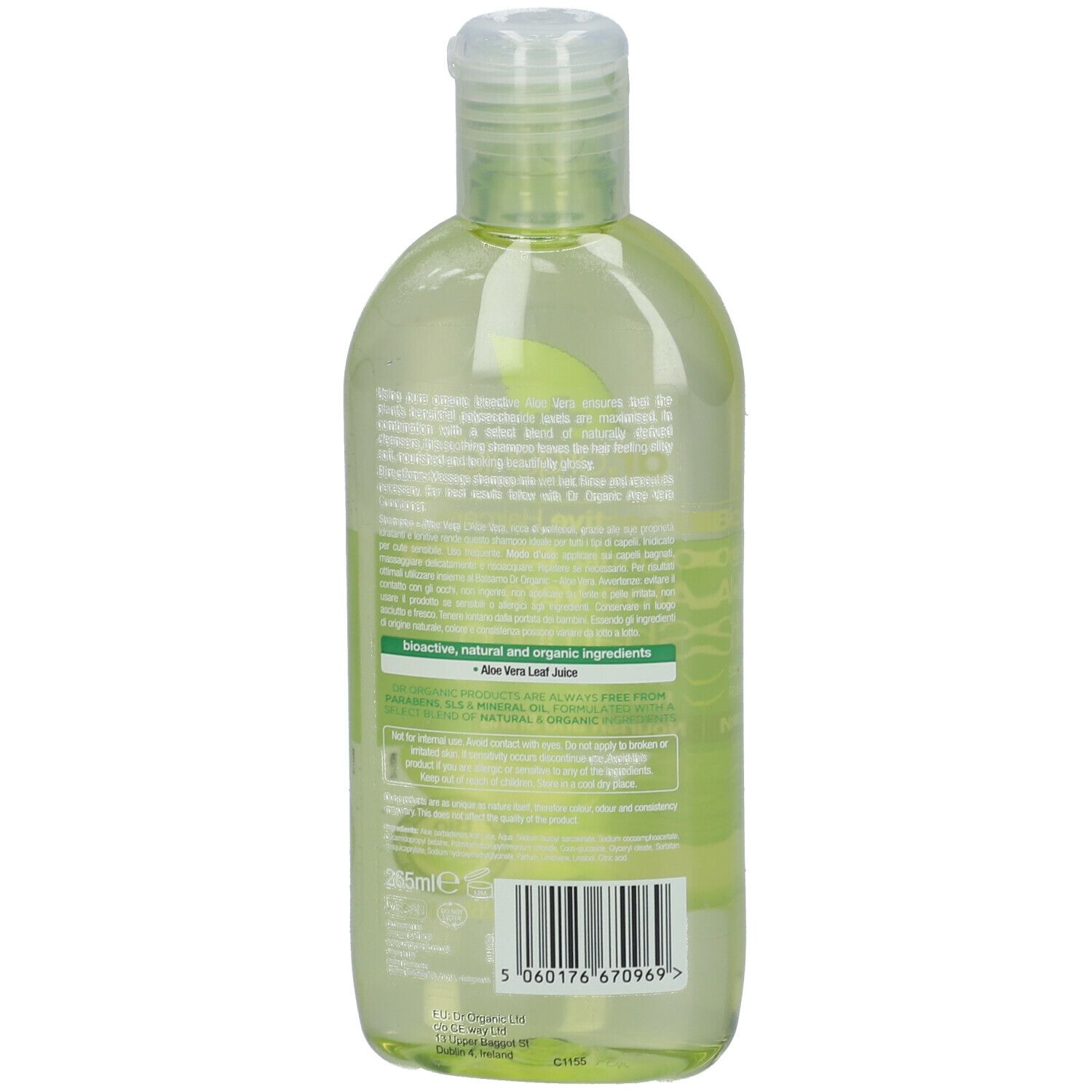 Rückseite einer grünen, ovalen Shampoo-Flasche. Text: Inhaltsstoffe, Bioactive, natural and organic ingredients, Aloe Vera Leaf Juice.