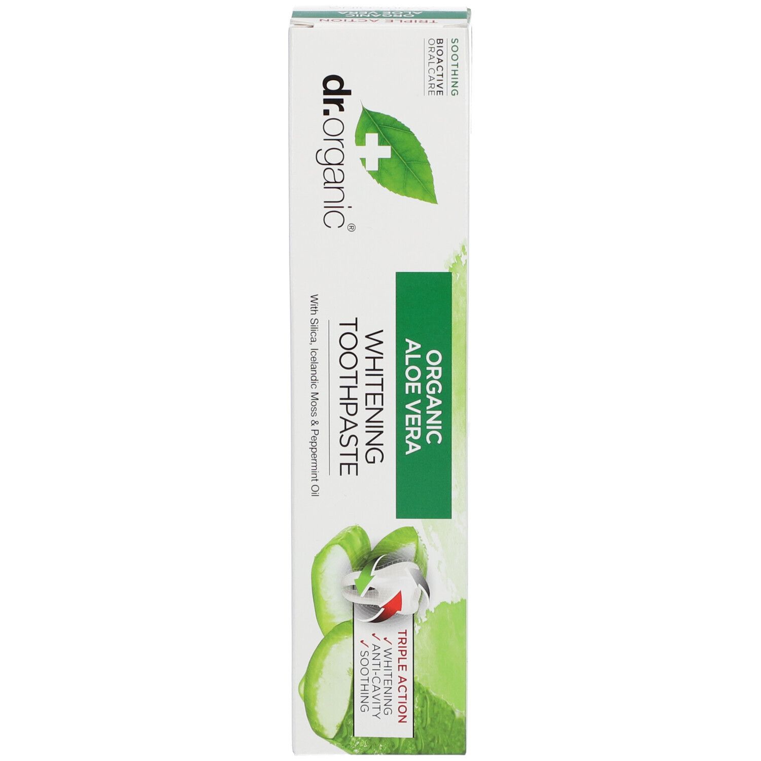 Zahnpasta-Tube und Schachtel. Aufschrift: Organic Aloe Vera Whitening Toothpaste. Grün-weißes Design.