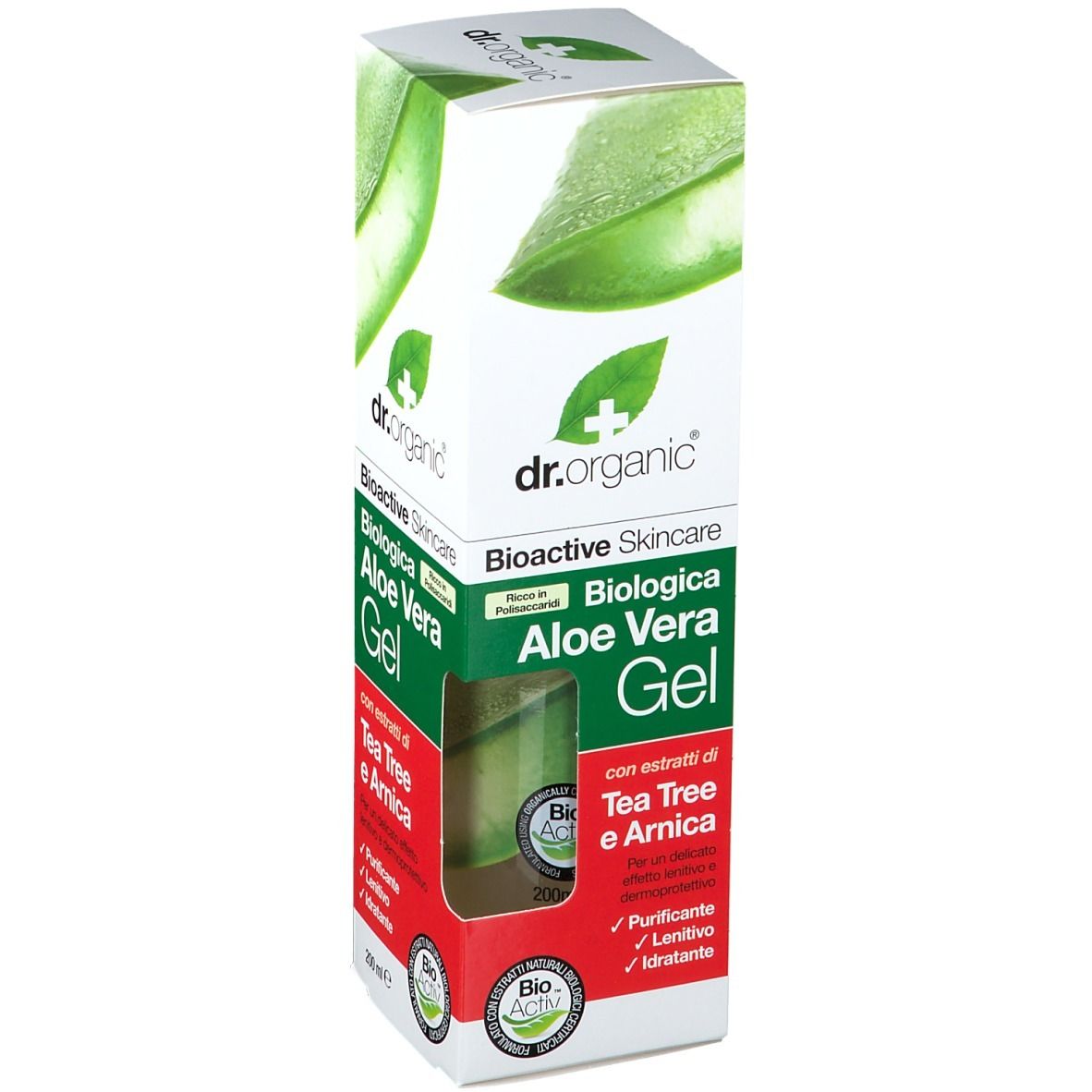 Emballage du gel d'aloe vera bio Dr. Organic. Contient de l'arbre à thé et de l'arnica. Avec le sceau Bio-Activ.