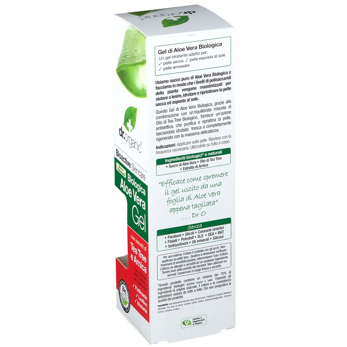 Dos de l'emballage du gel d'aloe vera bio Dr. Organic. Texte sur les ingrédients et l'utilisation.