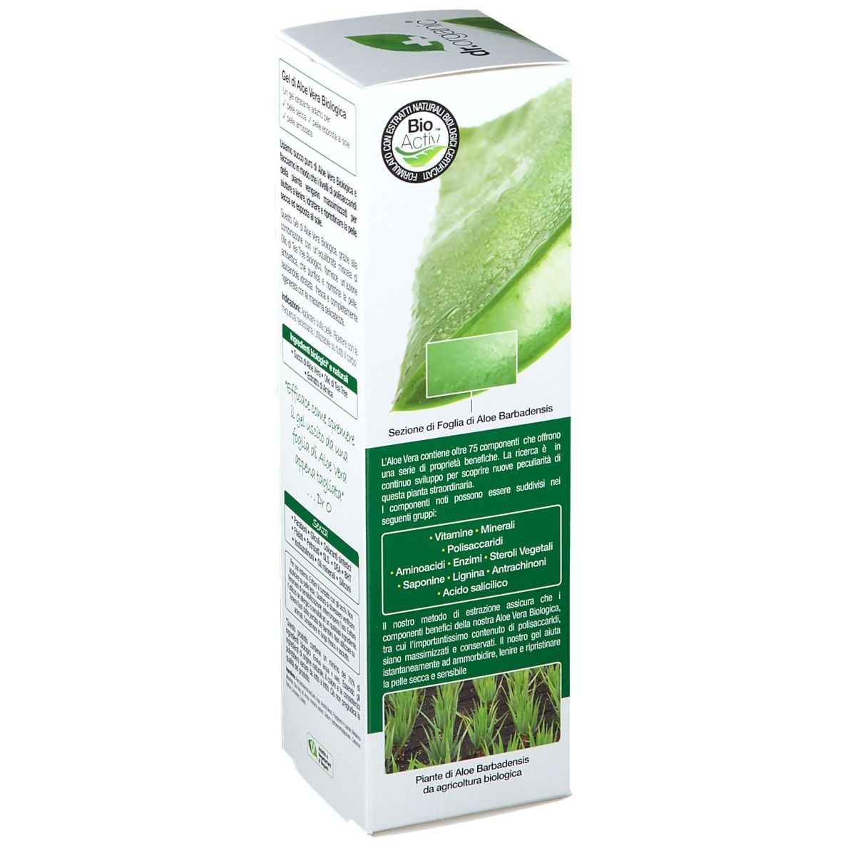 Côté de l'emballage du gel d'aloe vera bio Dr. Organic. Texte sur les ingrédients et les avantages.