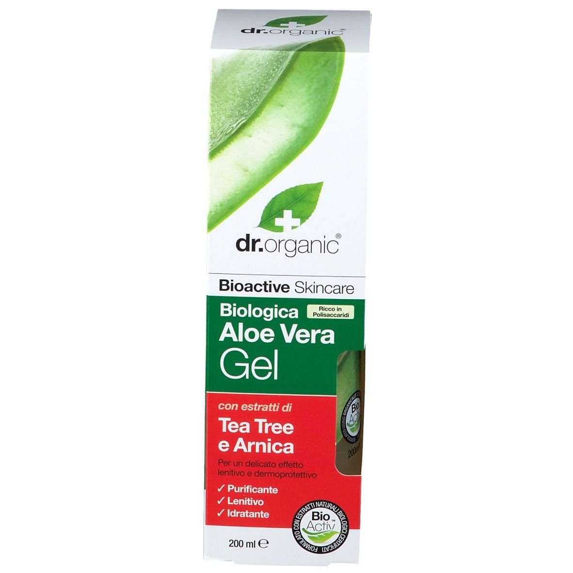 Emballage du gel d'aloe vera bio Dr. Organic. Contient de l'arbre à thé et de l'arnica. Avec le sceau Bio-Activ.