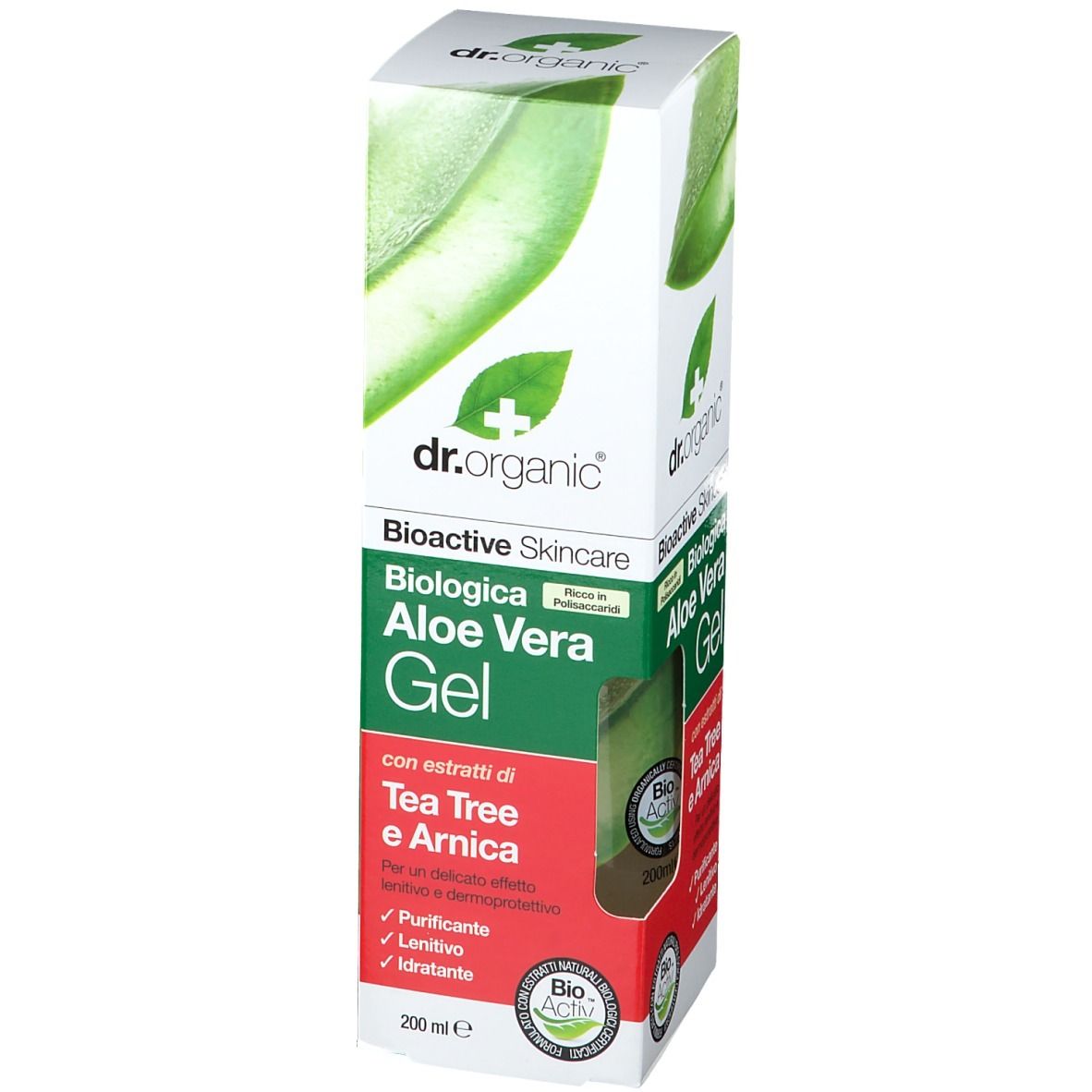 Emballage du gel d'aloe vera bio Dr. Organic. Contient de l'arbre à thé et de l'arnica. Avec le sceau Bio-Activ.