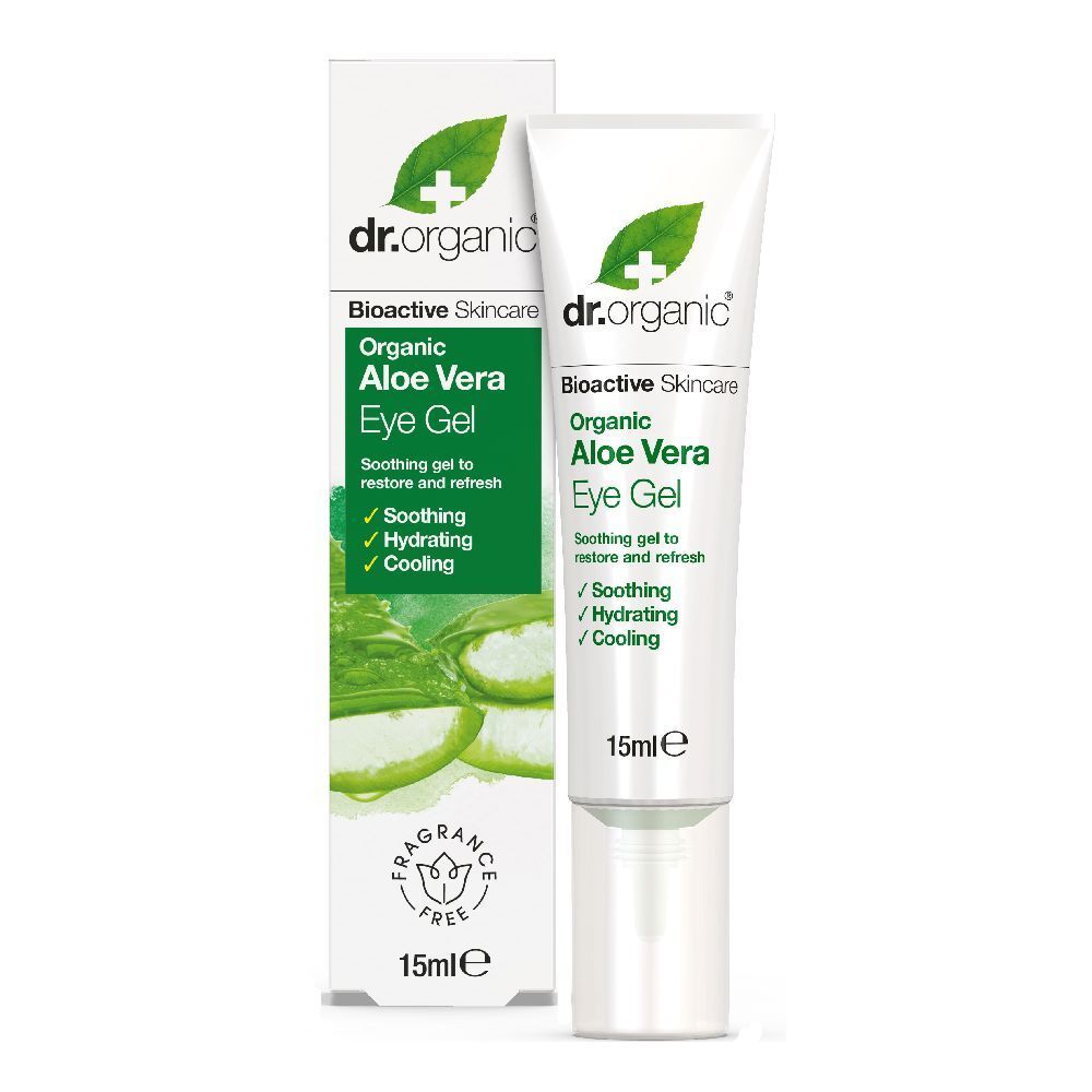 Tubo e confezione di Dr. Organic Aloe Vera Eye Gel. Contiene 15 ml. Testo: Cura della pelle bioattiva, lenitivo, idratante, rinfrescante.