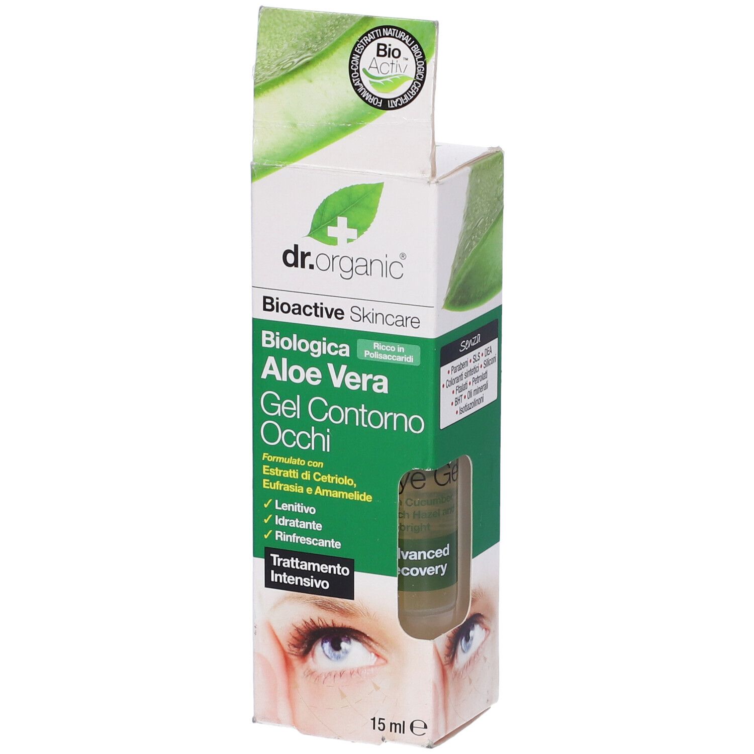 Confezione di Dr. Organic Aloe Vera Gel Contorno Occhi. Contiene 15 ml. Testo: Cura della pelle bioattiva, trattamento intensivo.
