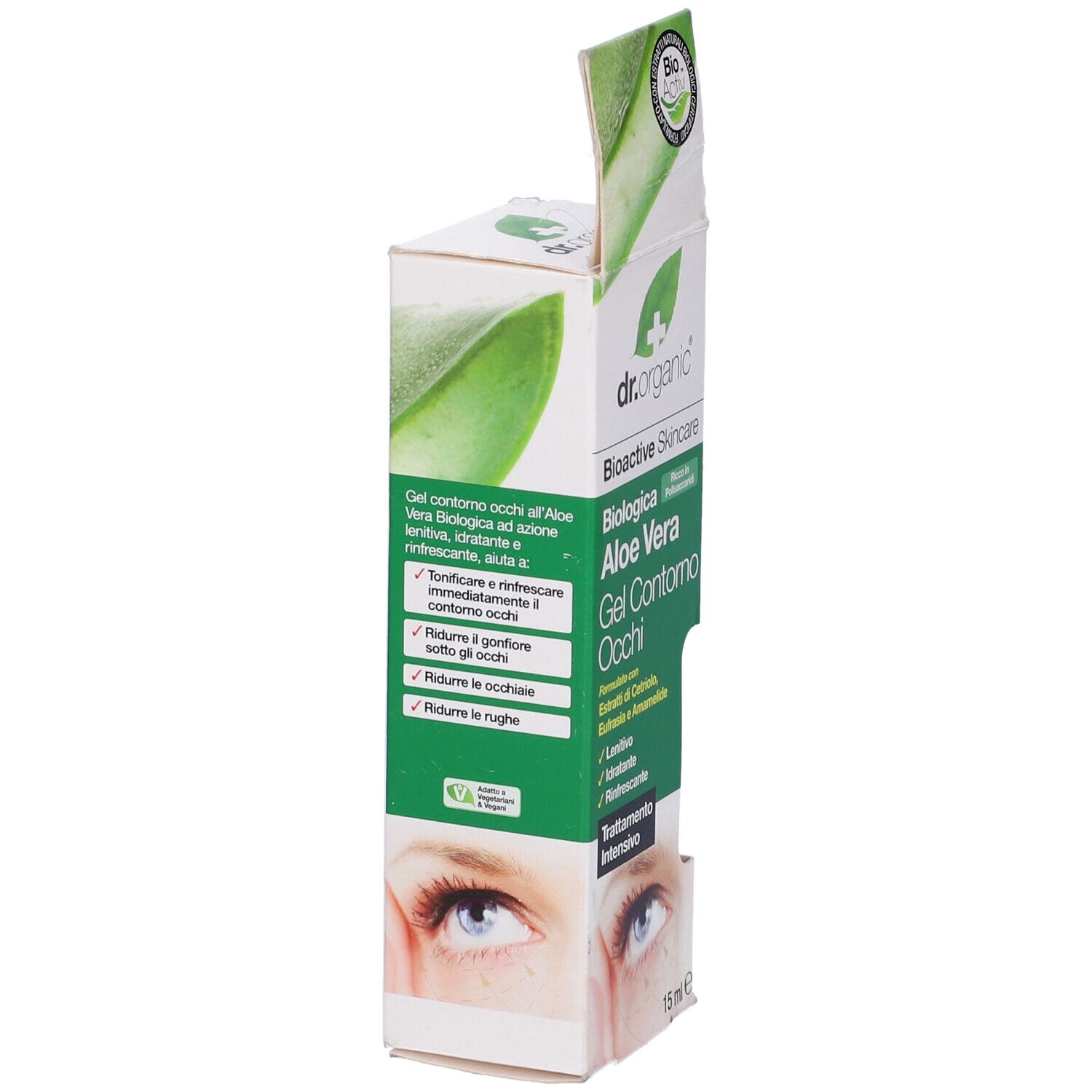 Confezione di Dr. Organic Aloe Vera Gel Contorno Occhi. Contiene 15 ml. Testo: Cura della pelle bioattiva, trattamento intensivo.