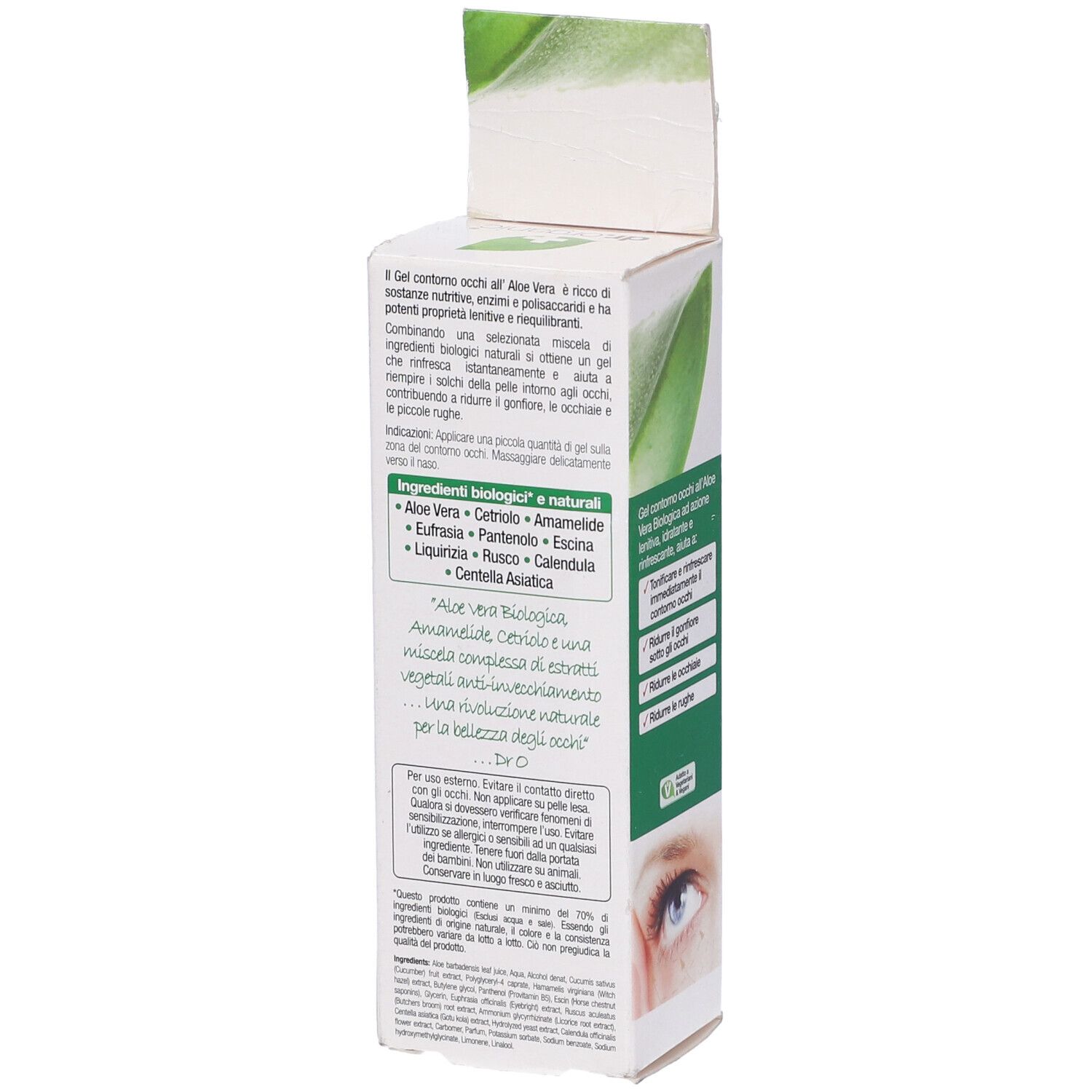 Confezione di Dr. Organic Aloe Vera Gel Contorno Occhi. Contiene 15 ml. Testo: Cura della pelle bioattiva, trattamento intensivo.