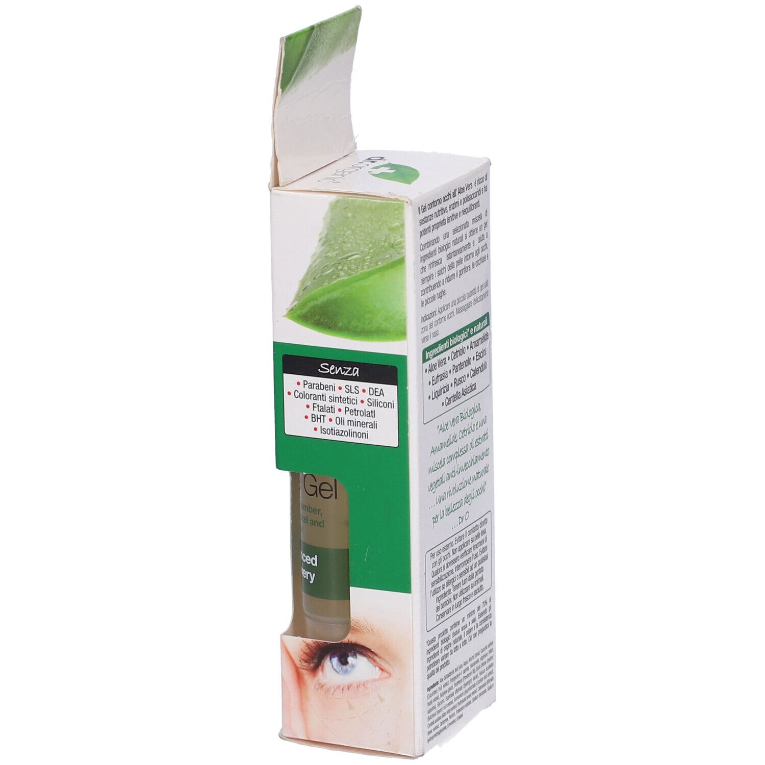 Confezione di Dr. Organic Aloe Vera Gel Contorno Occhi. Contiene 15 ml. Testo: Cura della pelle bioattiva, trattamento intensivo.