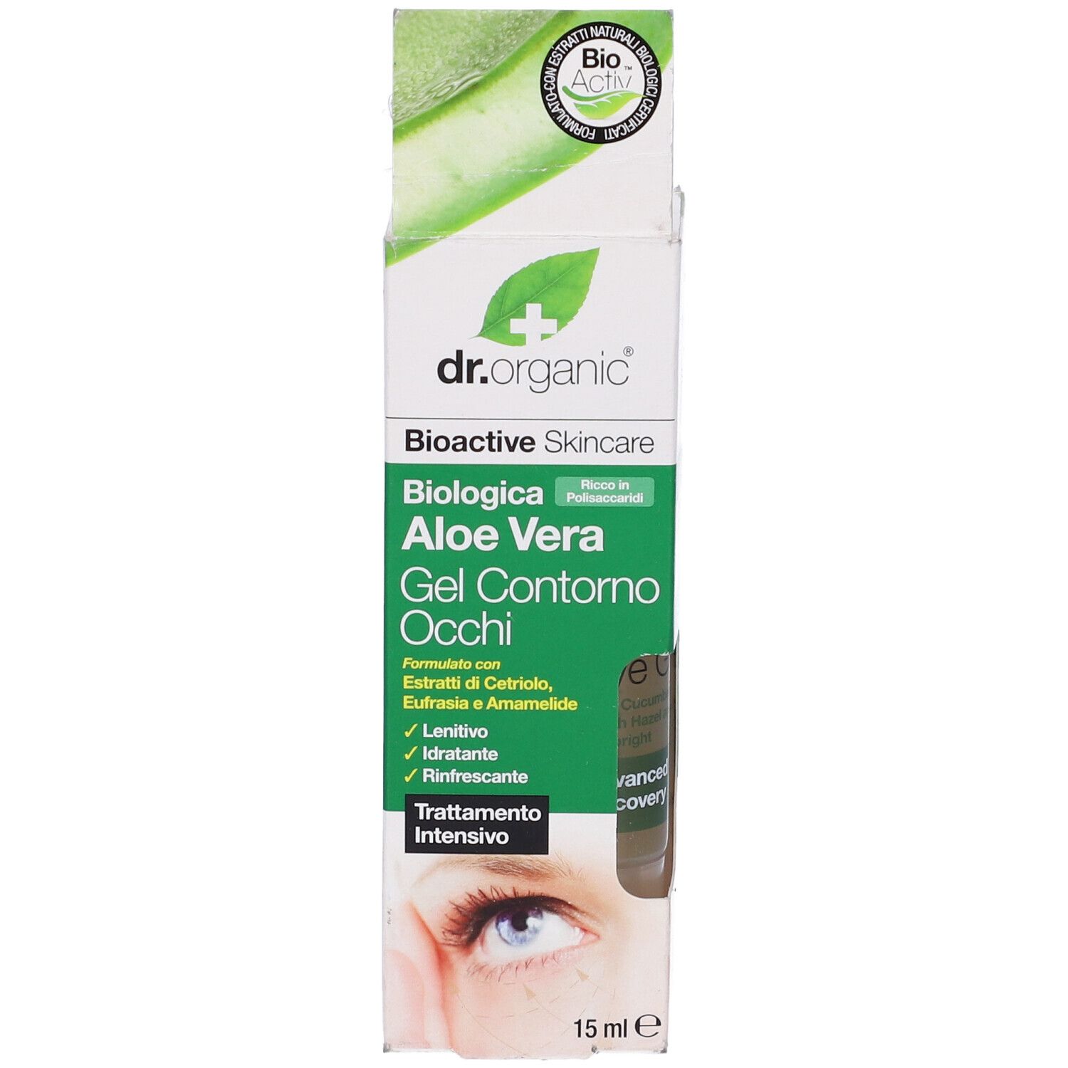 Confezione di Dr. Organic Aloe Vera Gel Contorno Occhi. Contiene 15 ml. Testo: Cura della pelle bioattiva, trattamento intensivo.