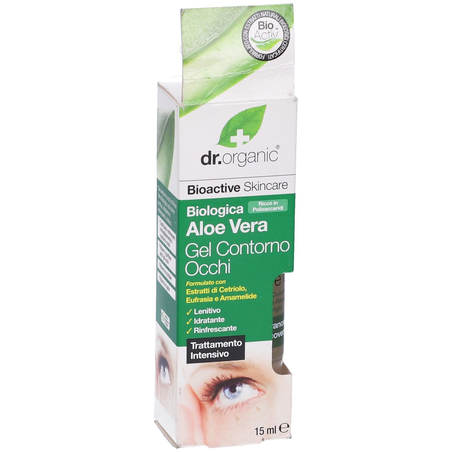 Confezione di Dr. Organic Aloe Vera Gel Contorno Occhi. Contiene 15 ml. Testo: Cura della pelle bioattiva, trattamento intensivo.