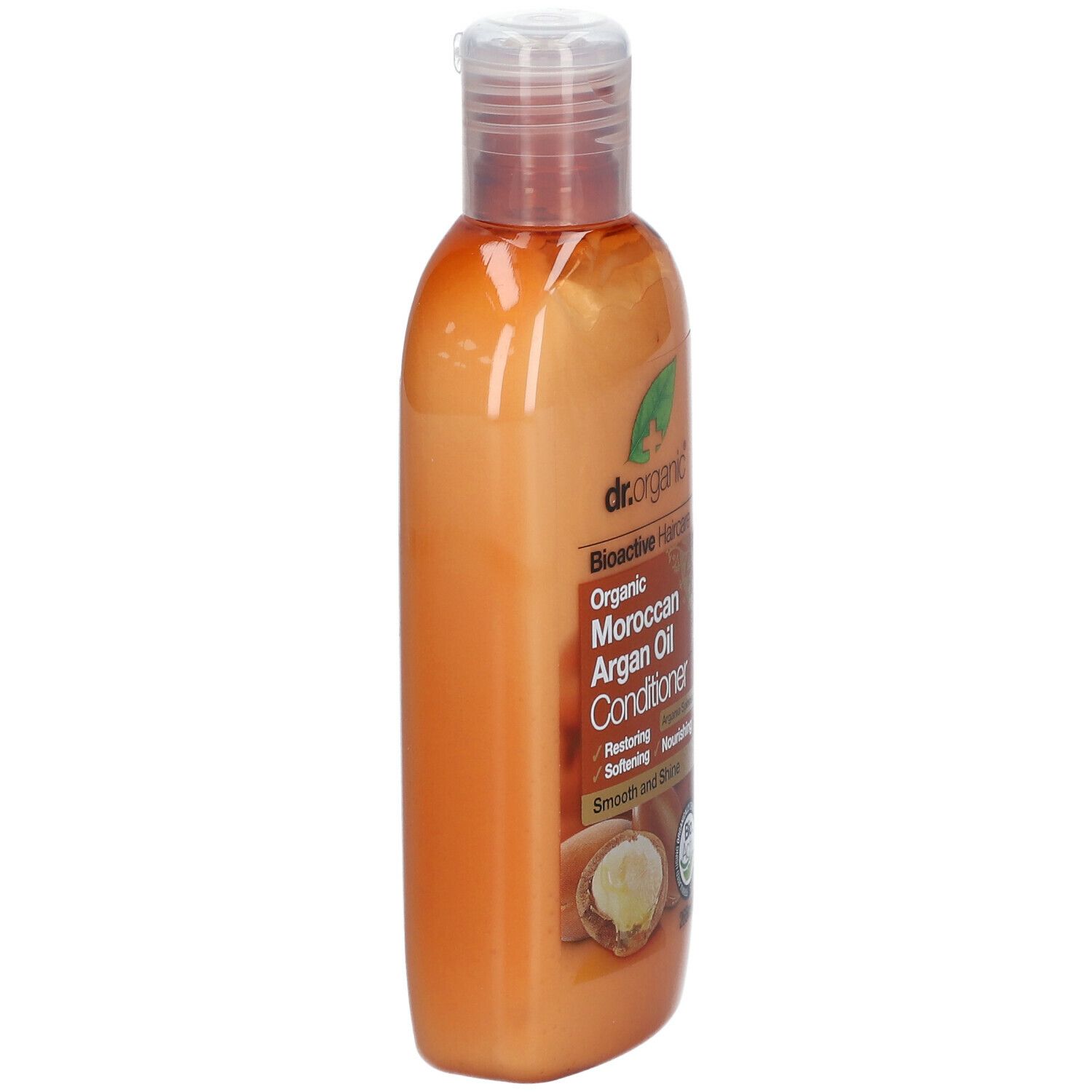 Flacone di balsamo, vista laterale. Scritta: Dr. Organic, Bioactive Haircare, Moroccan Argan Oil Conditioner. Arancione.