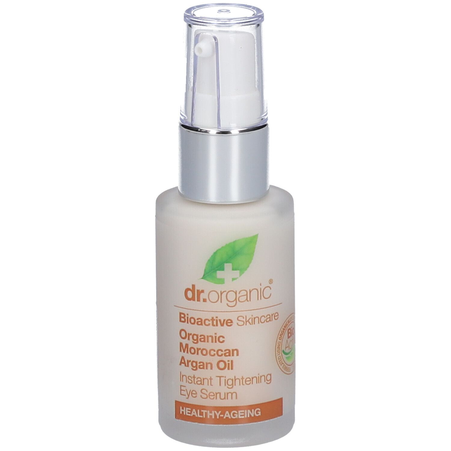 Serumflasche mit Pumpe. Aufschrift: Dr. Organic, Moroccan Argan Oil, Instant Tightening Eye Serum.