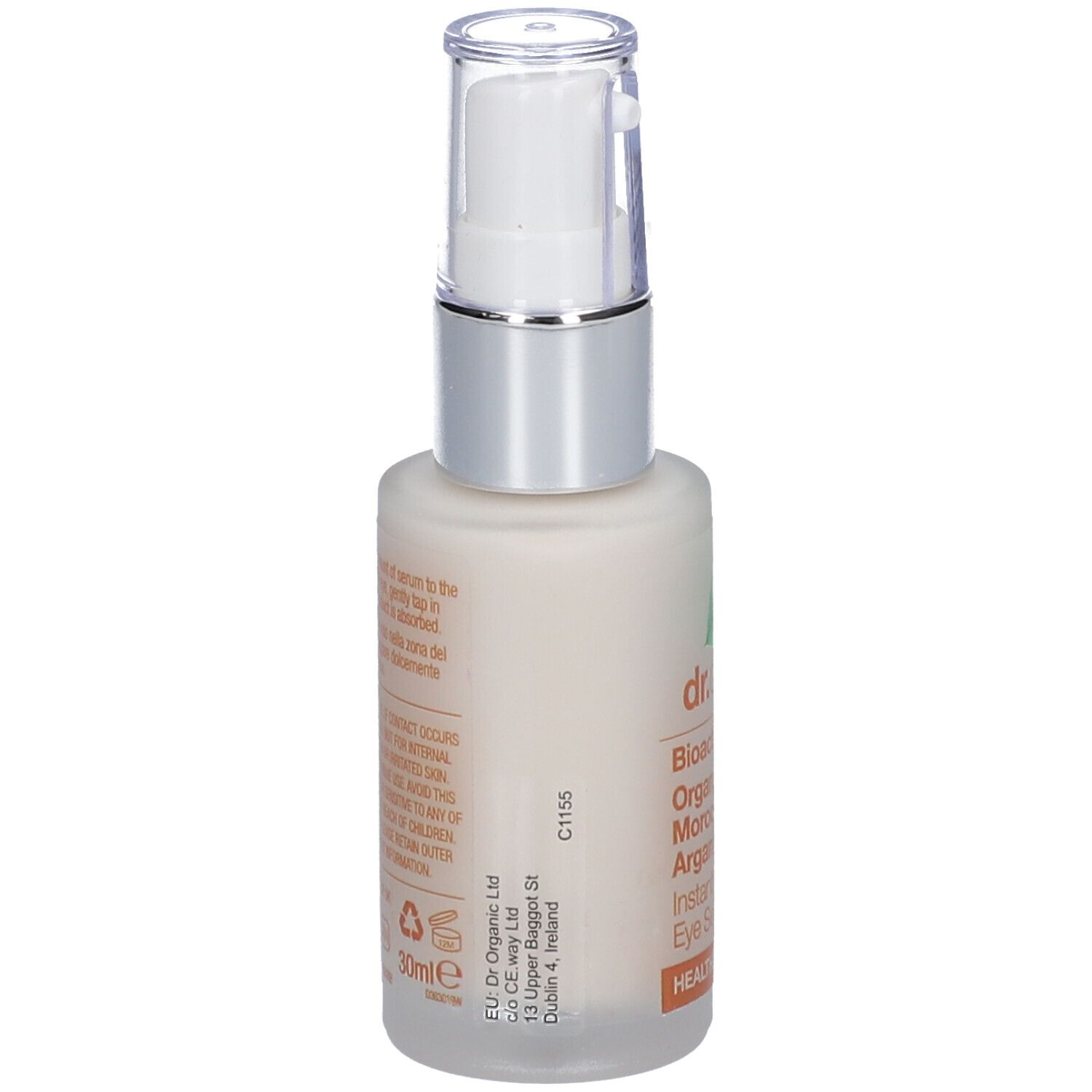 Rückseite der Serumflasche. Text: Dr. Organic, Inhaltsstoffe, Anwendungshinweise, Vegan-Siegel, 30ml.