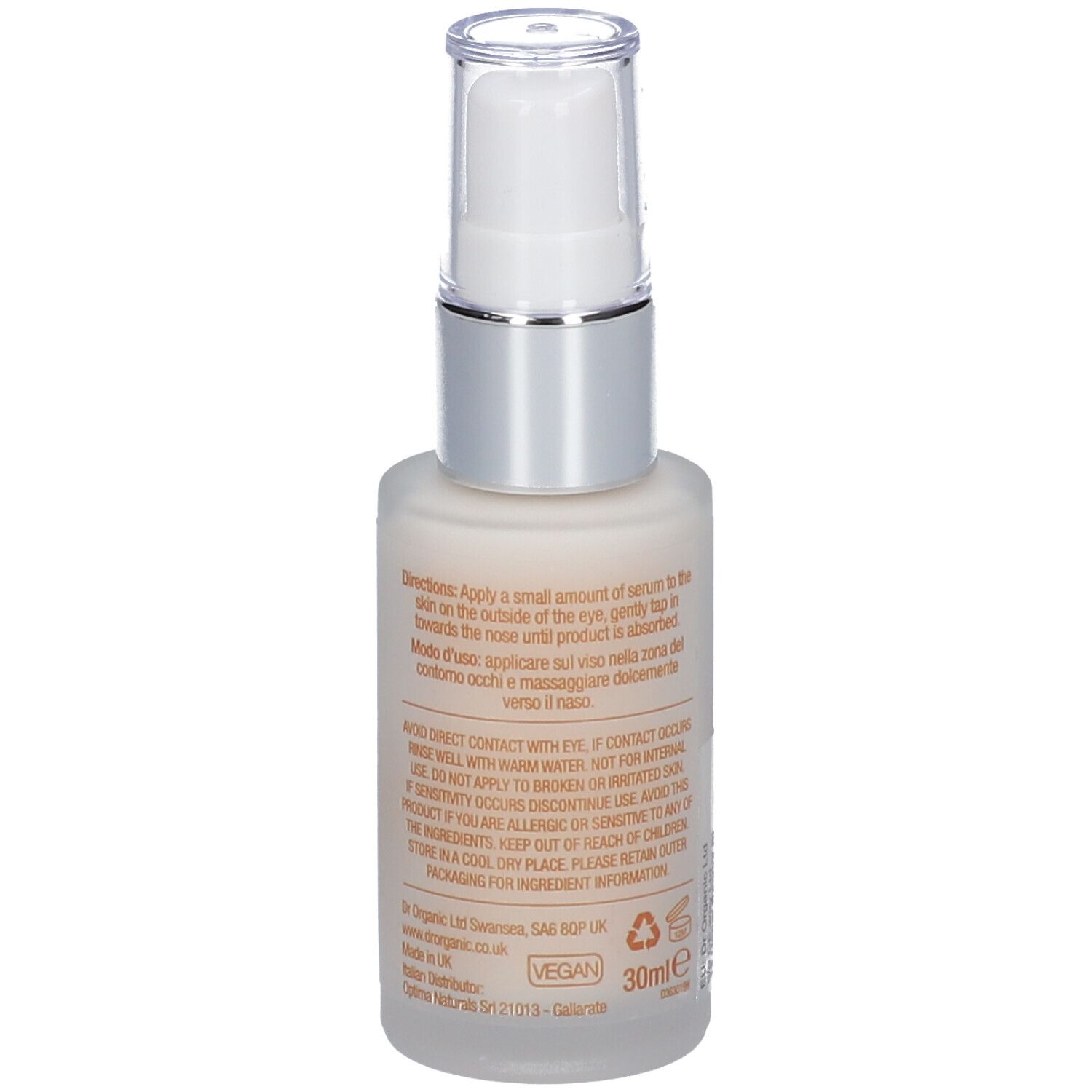 Rückseite der Serumflasche. Text: Anwendungshinweise, Vegan-Siegel, 30ml.