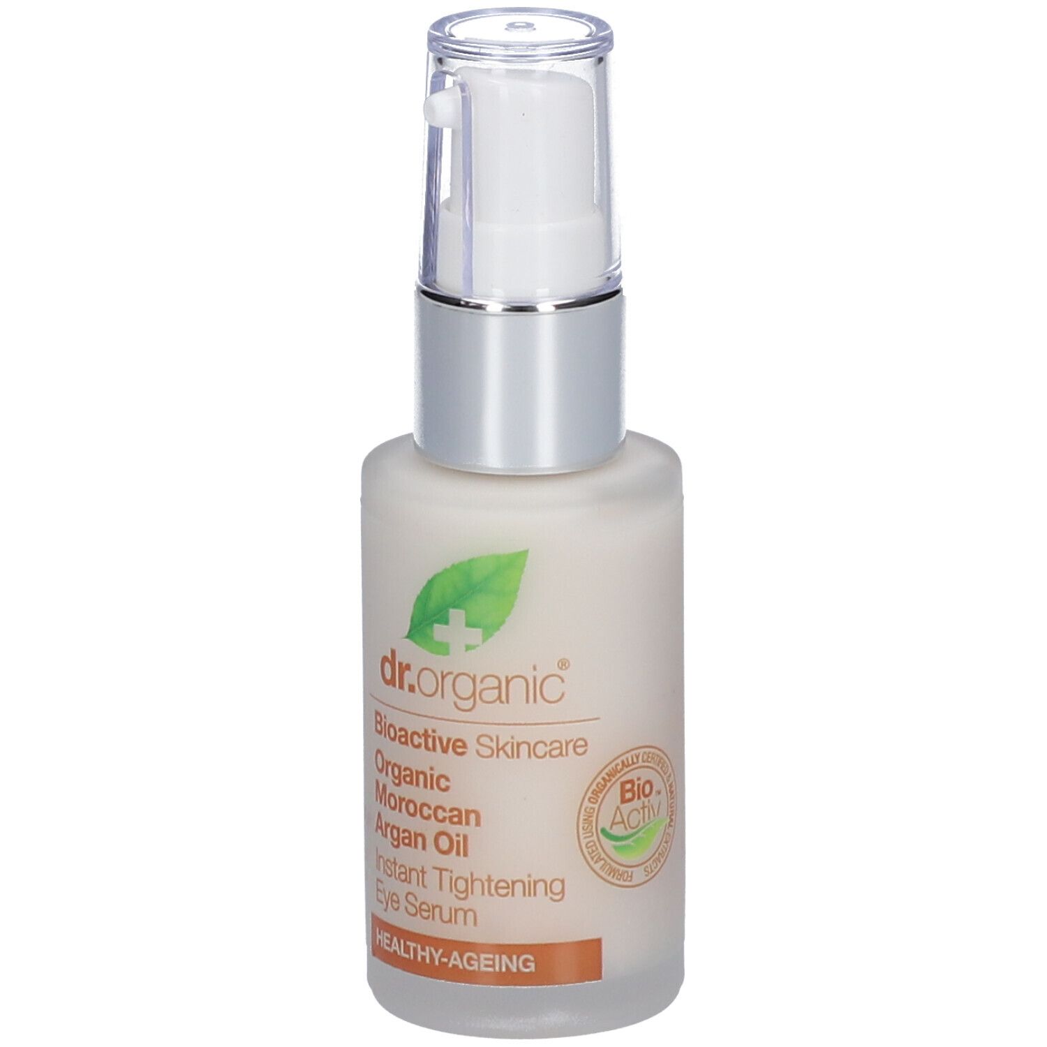 Serumflasche mit Pumpe. Aufschrift: Dr. Organic, Moroccan Argan Oil, Instant Tightening Eye Serum.