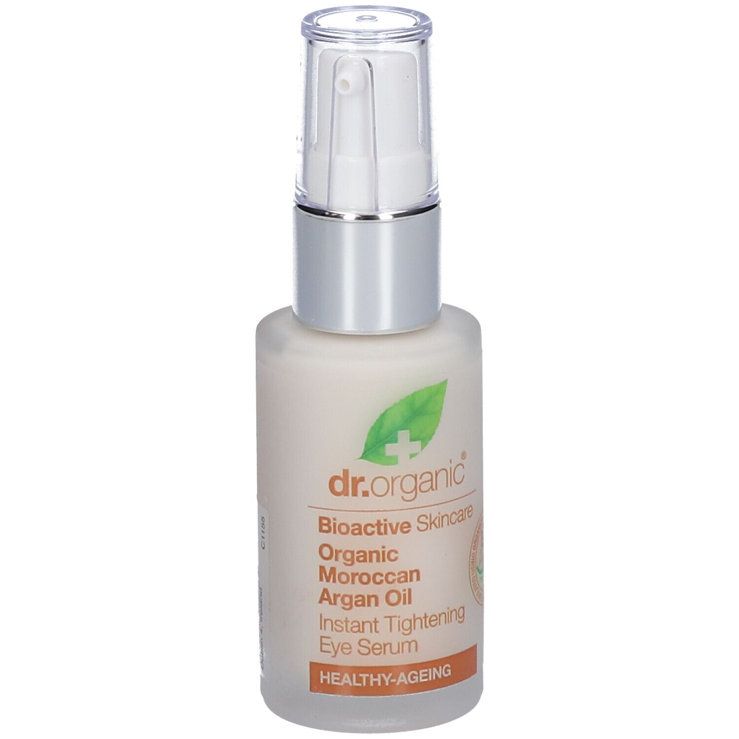 Serumflasche mit Pumpe. Aufschrift: Dr. Organic, Moroccan Argan Oil, Instant Tightening Eye Serum.