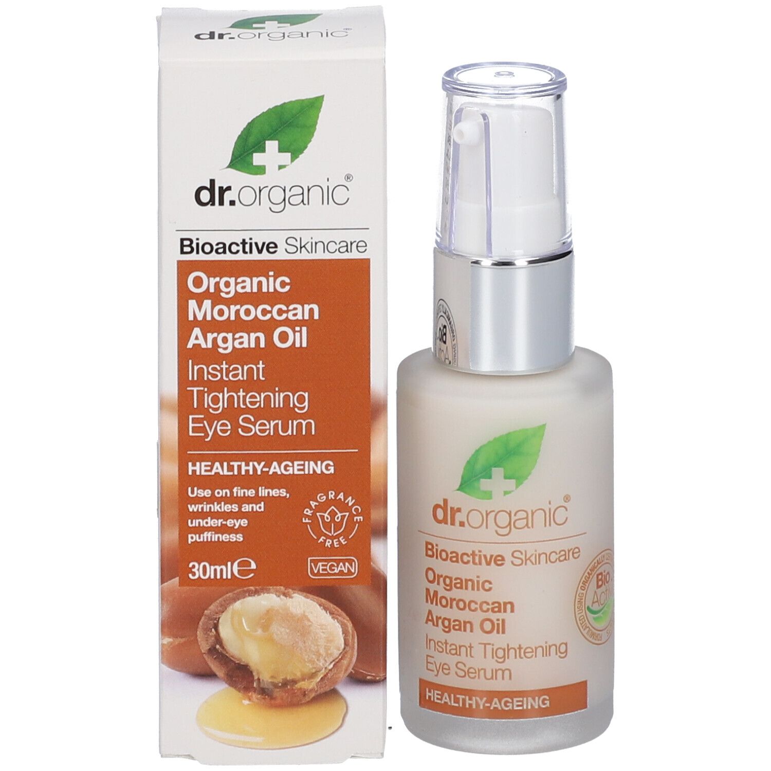 Serumflasche und Verpackung. Aufschrift: Dr. Organic, Moroccan Argan Oil, Instant Tightening Eye Serum, 30ml.