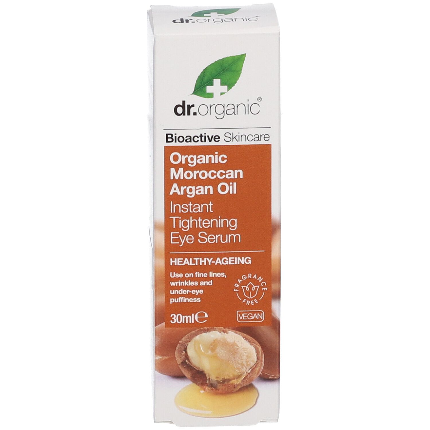 Verpackung. Aufschrift: Dr. Organic, Moroccan Argan Oil, Instant Tightening Eye Serum, 30ml.