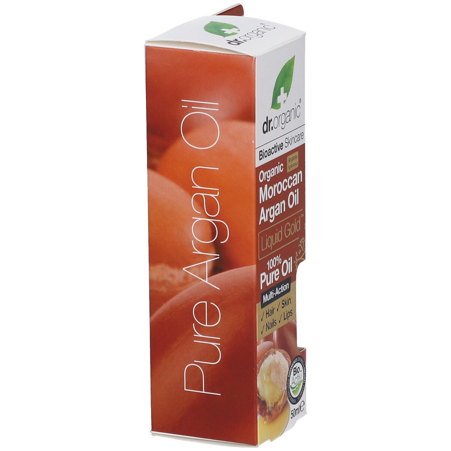 Seitenansicht der Verpackung von Dr. Organic Moroccan Argan Oil. Aufschrift: Pure Argan Oil. Abbildung von Argan-Früchten.