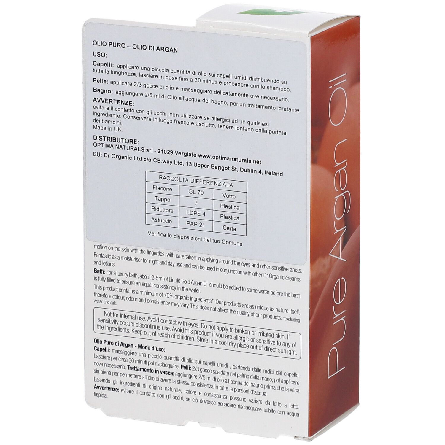 Rückseite der Verpackung von Dr. Organic Moroccan Argan Oil. Text in italienischer Sprache. Informationen zur Anwendung und Inhaltsstoffen.