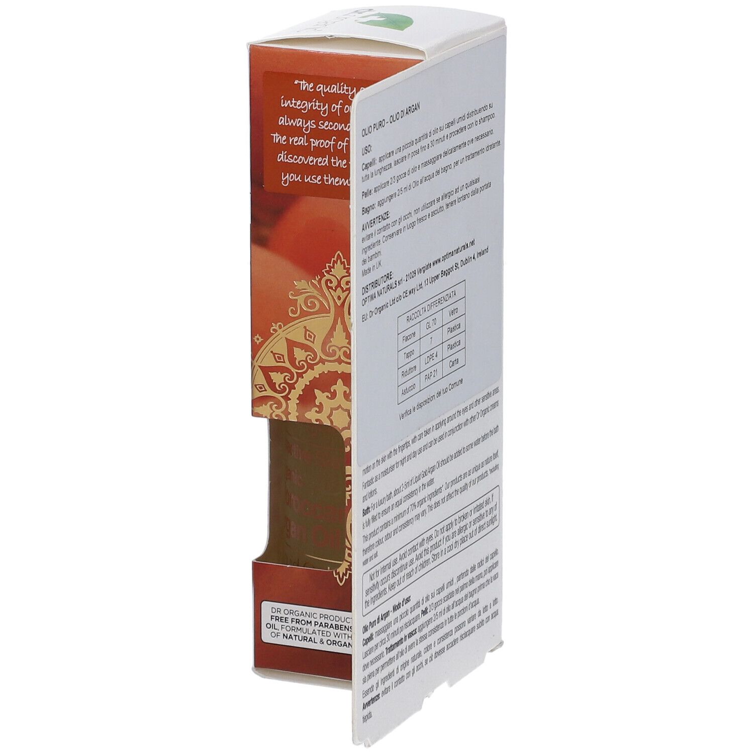 Seitenansicht der Verpackung von Dr. Organic Moroccan Argan Oil. Text über Qualität und Inhaltsstoffe. Abbildung eines Mandalamusters.
