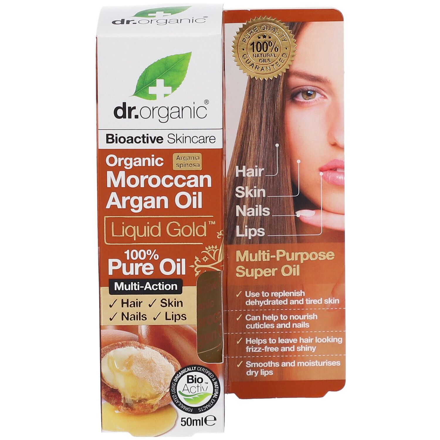 Verpackung von Dr. Organic Moroccan Argan Oil. Aufschrift: 100% Pure Oil. Mehrzweck-Superöl für Haare, Haut, Nägel und Lippen.