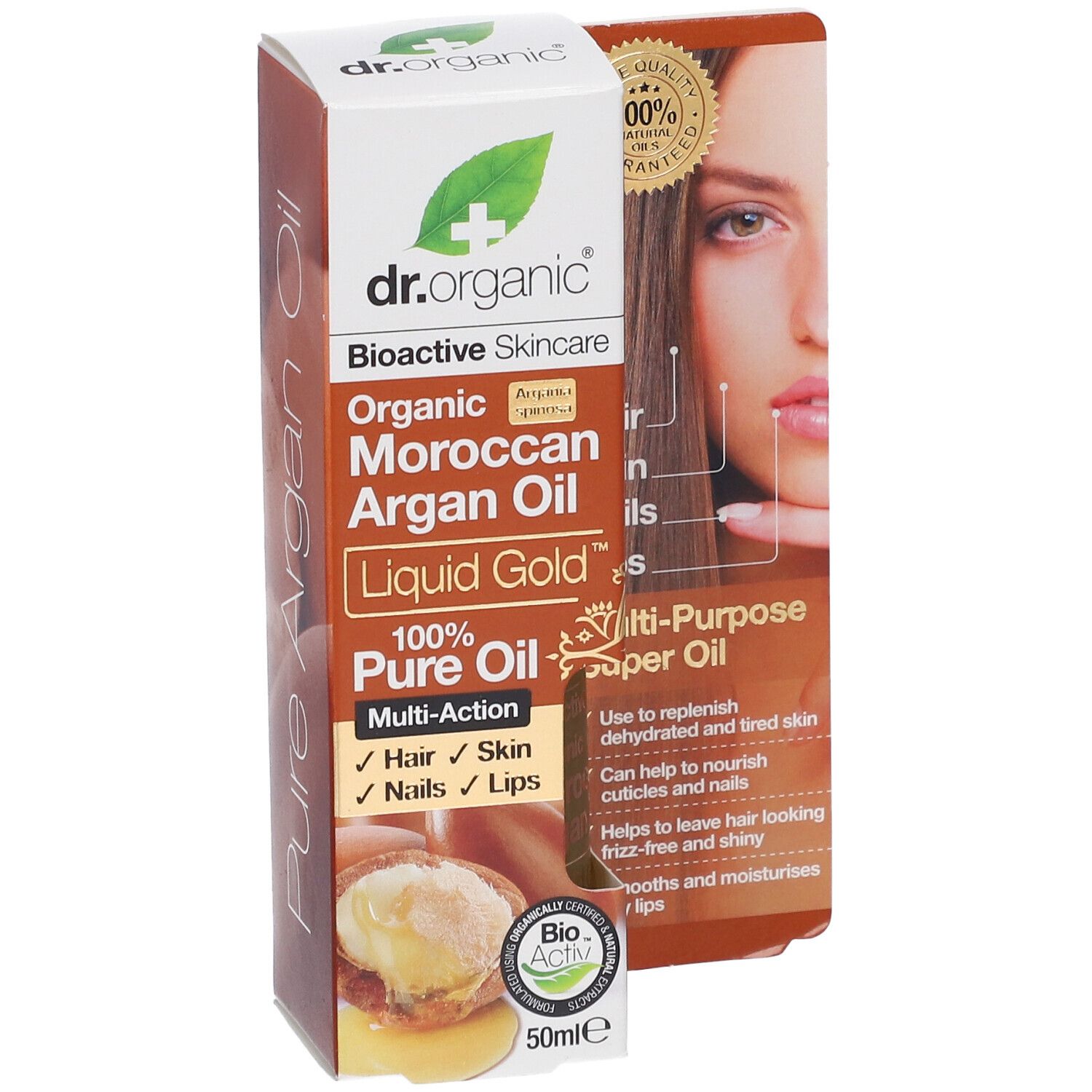 Verpackung von Dr. Organic Moroccan Argan Oil. Aufschrift: 100% Pure Oil. Mehrzweck-Superöl für Haare, Haut, Nägel und Lippen.