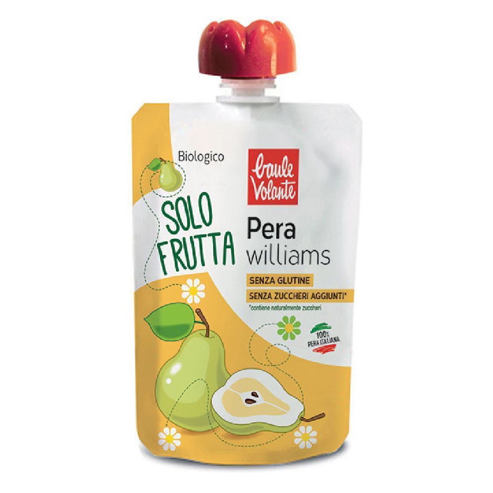 Bustina di purea di frutta. Scritte: Solo Frutta, Pera Williams, senza glutine, senza zuccheri aggiunti. Tappo rosso.