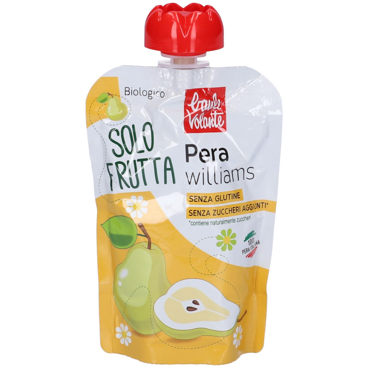 Bustina di purea di frutta. Scritte: Solo Frutta, Pera Williams, senza glutine, senza zuccheri aggiunti. Tappo rosso.