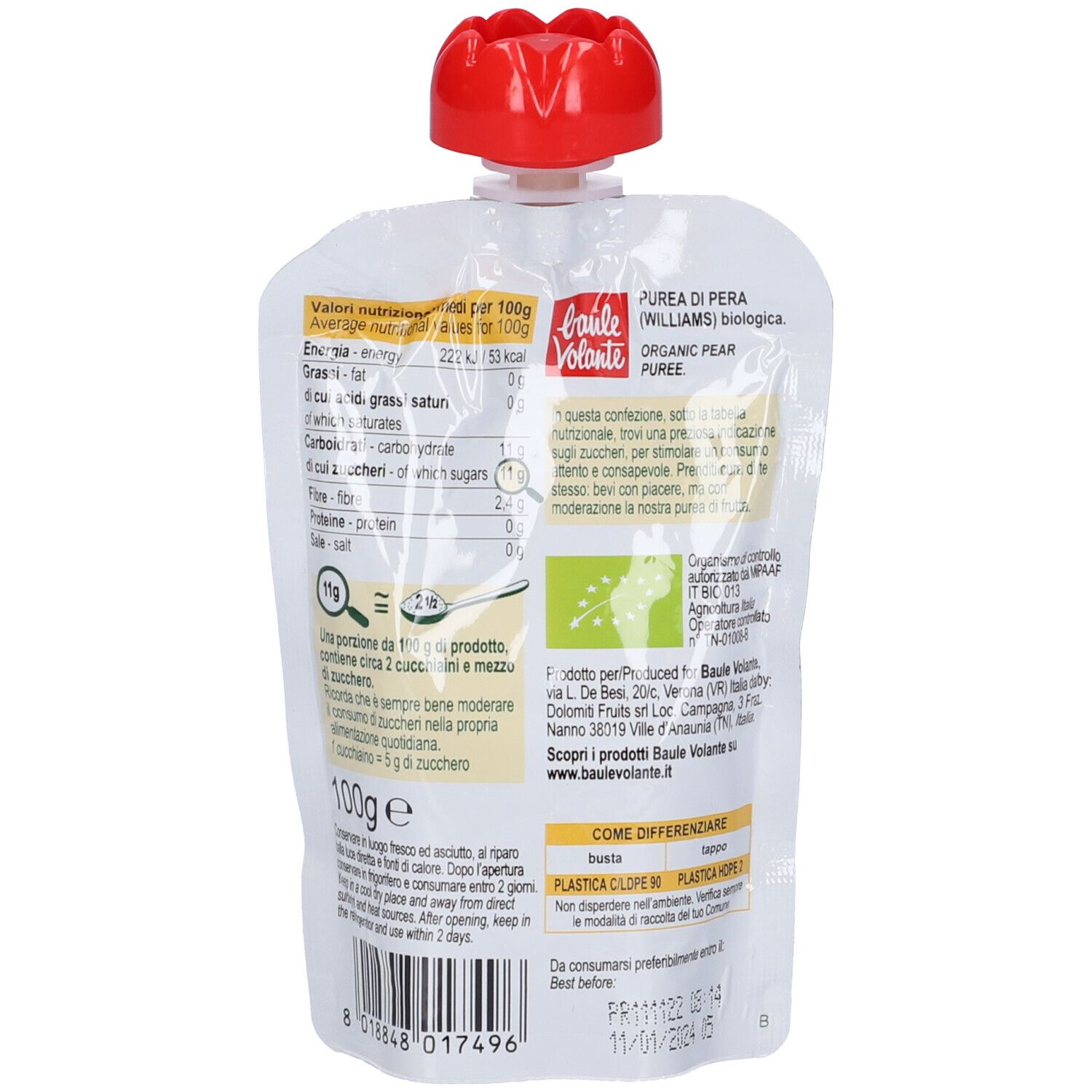 Retro di una bustina di purea di frutta. Informazioni nutrizionali, ingredienti, marchio biologico. Data di scadenza. 100g.