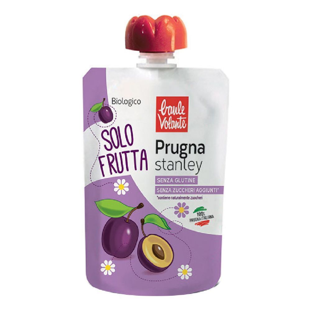 Confezione Solo Frutta Prugna Stanley. Imballaggio viola con illustrazioni di prugne e testo. Tappo rosso.
