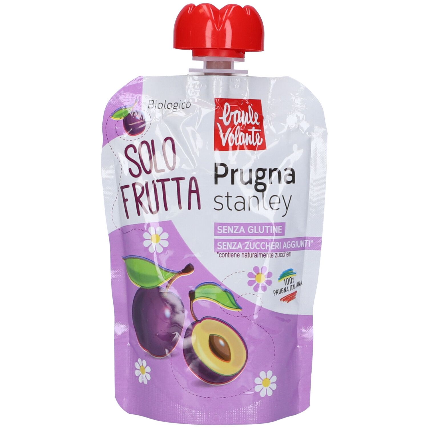 Confezione Solo Frutta Prugna Stanley, vista frontale. Imballaggio viola con illustrazioni di prugne e testo. Tappo rosso.
