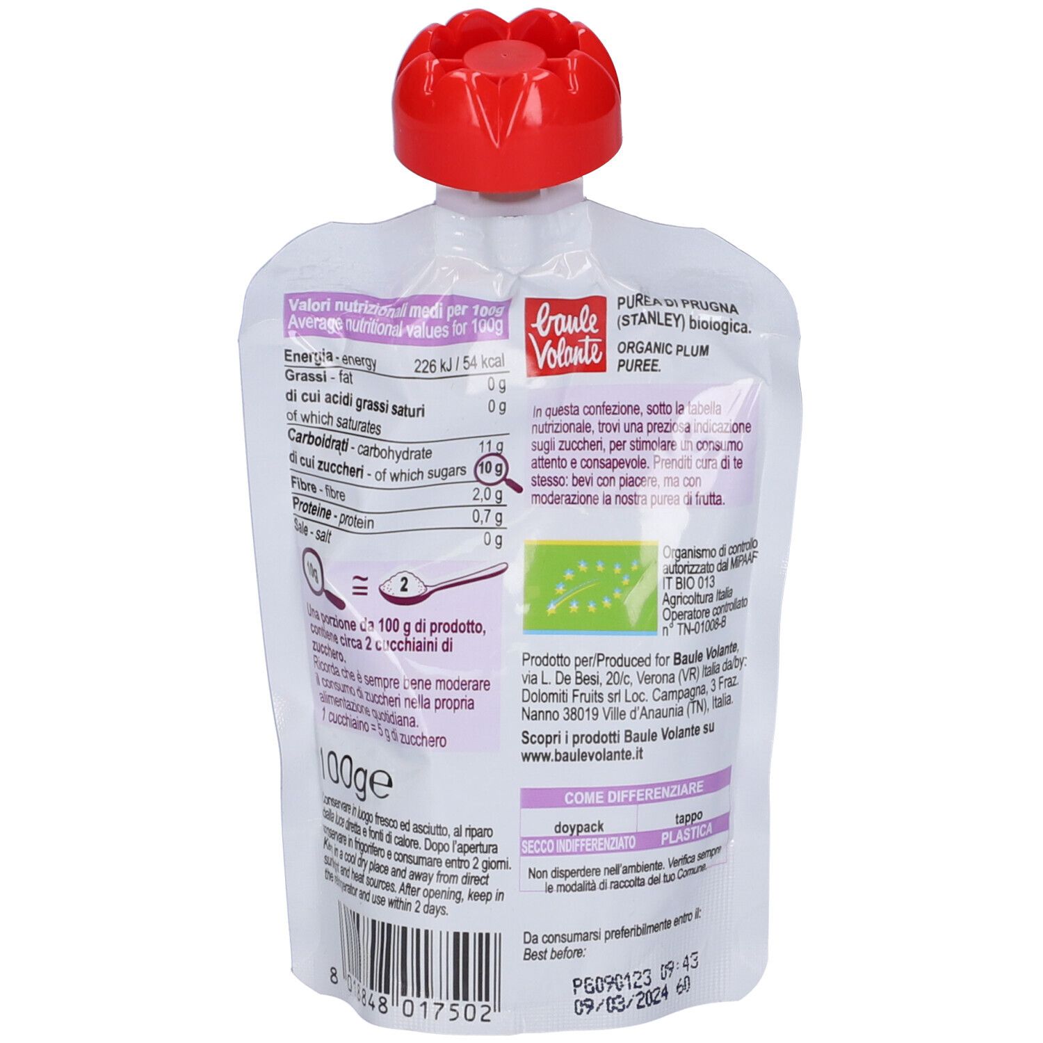 Retro della confezione Solo Frutta Prugna Stanley. Testo e informazioni nutrizionali su sfondo bianco. Tappo rosso.