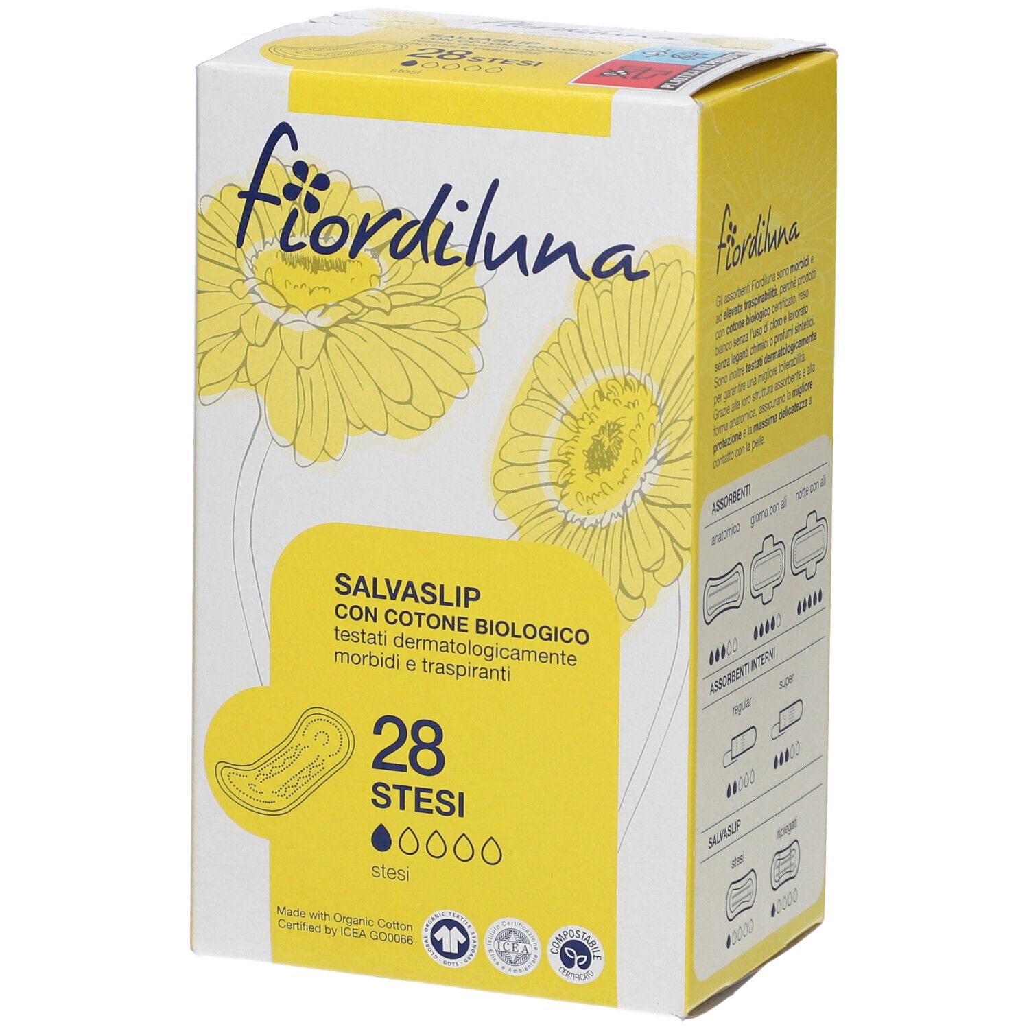 Verpackung von Fiordiluna Salvaslip Stesi. Gelbe und weiße Schachtel mit Produktinformationen und floralem Design. 28 Stück.