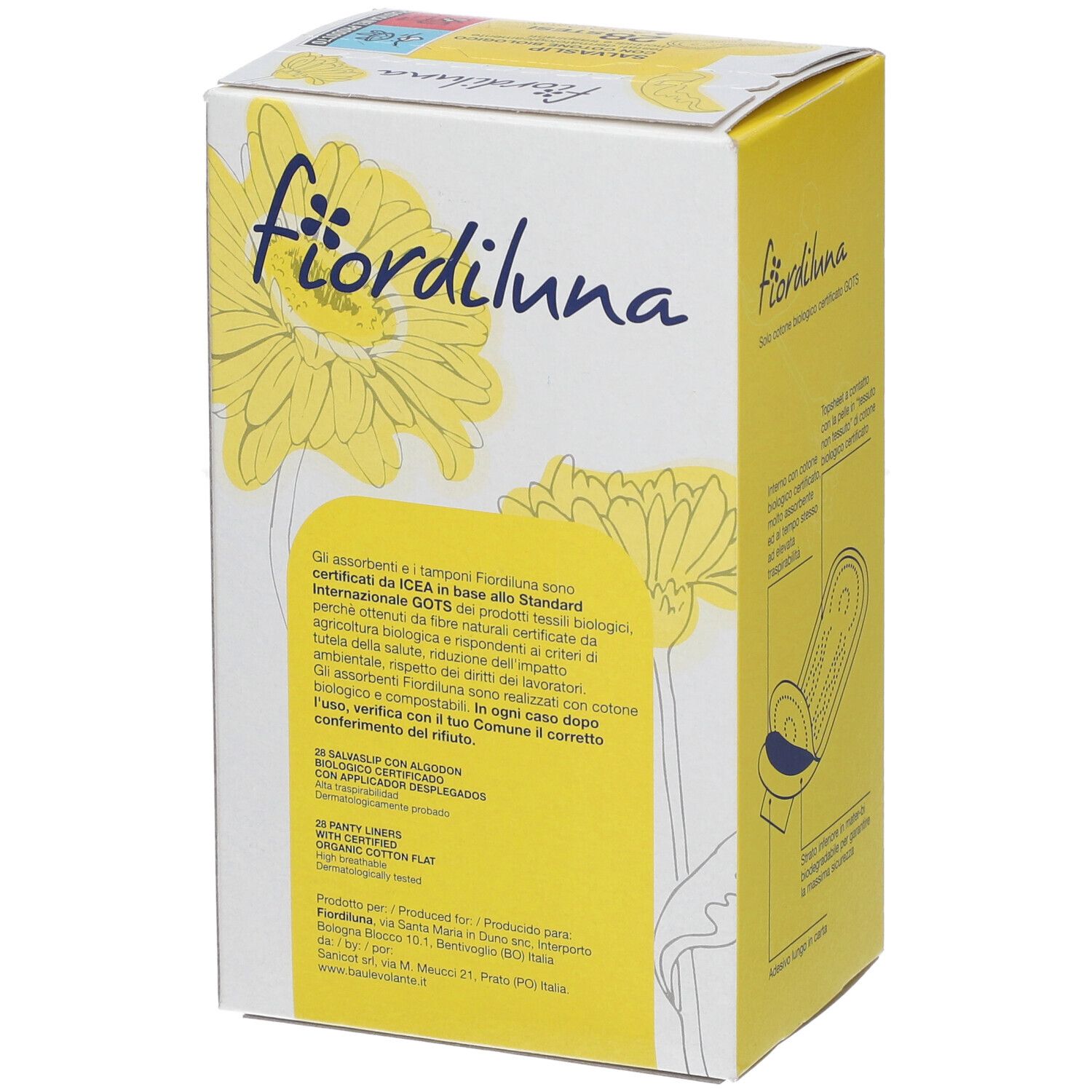 Rückansicht der Fiordiluna Salvaslip Stesi Verpackung. Gelbe Schachtel mit Produktinformationen und Illustrationen. GOTS-Zertifizierung.
