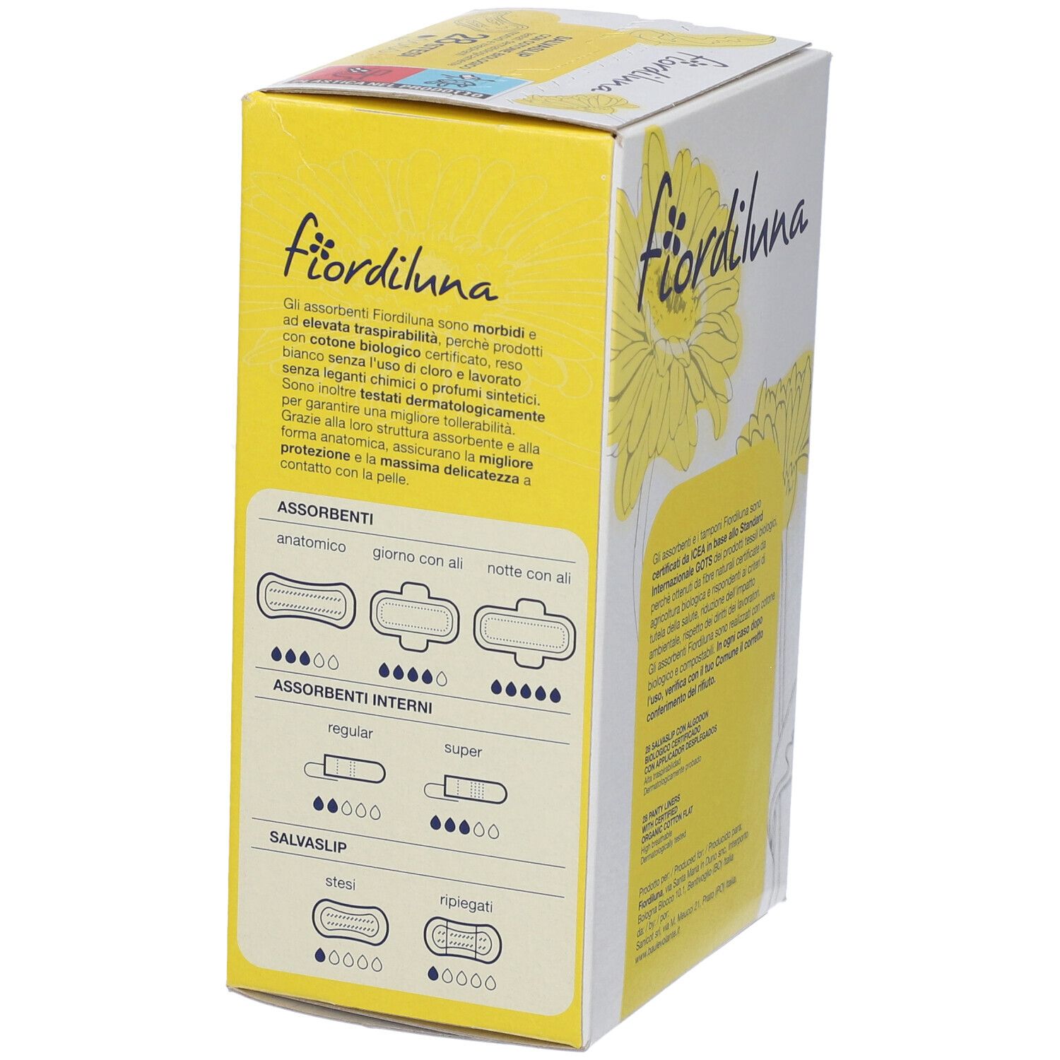 Seitenansicht der Fiordiluna Salvaslip Stesi Verpackung. Gelbe Schachtel mit Produktinformationen und Illustrationen. Produktübersicht.