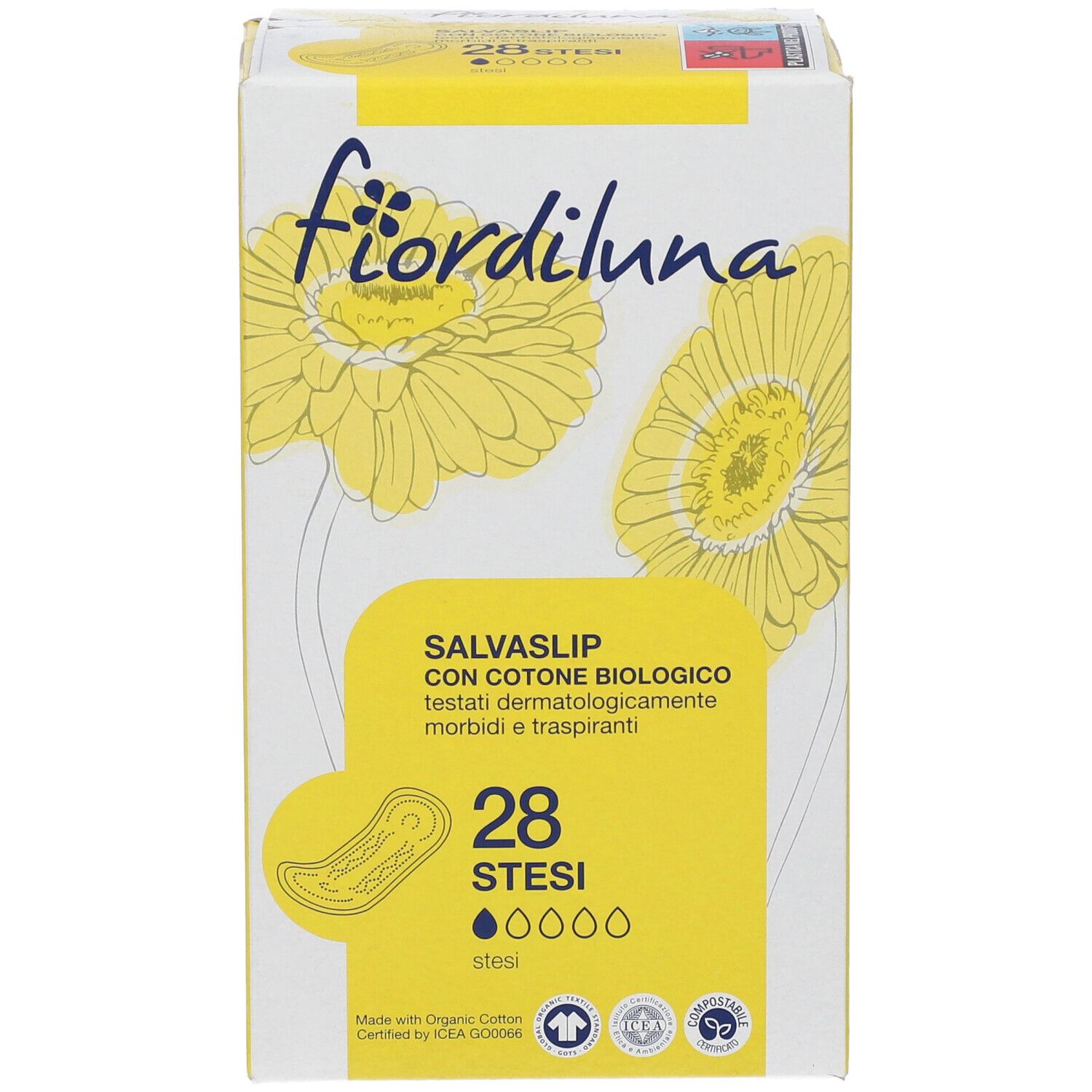 Vorderansicht der Fiordiluna Salvaslip Stesi Verpackung. Gelbe Schachtel mit Produktinformationen und floralem Design. 28 Stück.