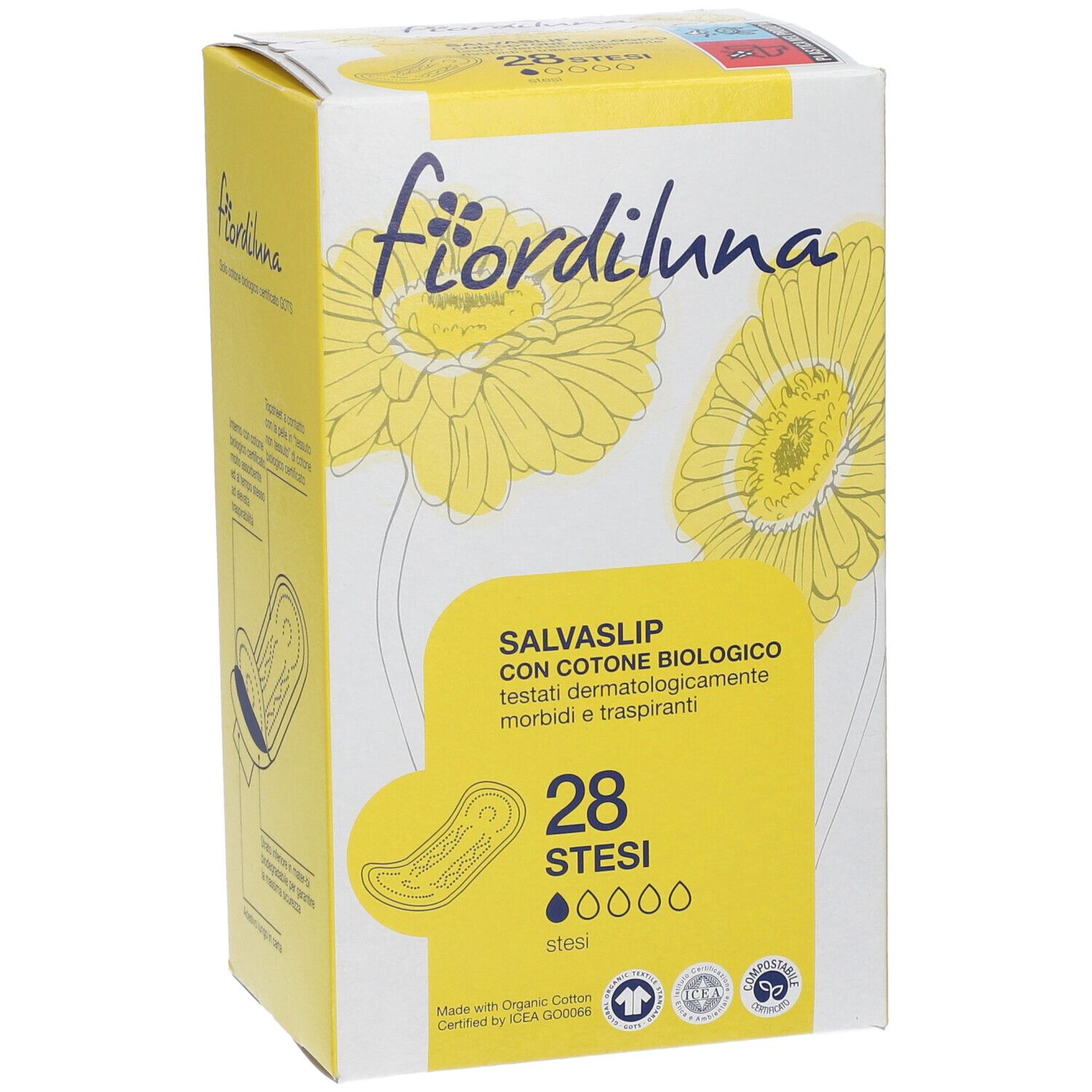 Schrägansicht der Fiordiluna Salvaslip Stesi Verpackung. Gelbe Schachtel mit Produktinformationen und floralem Design. 28 Stück.