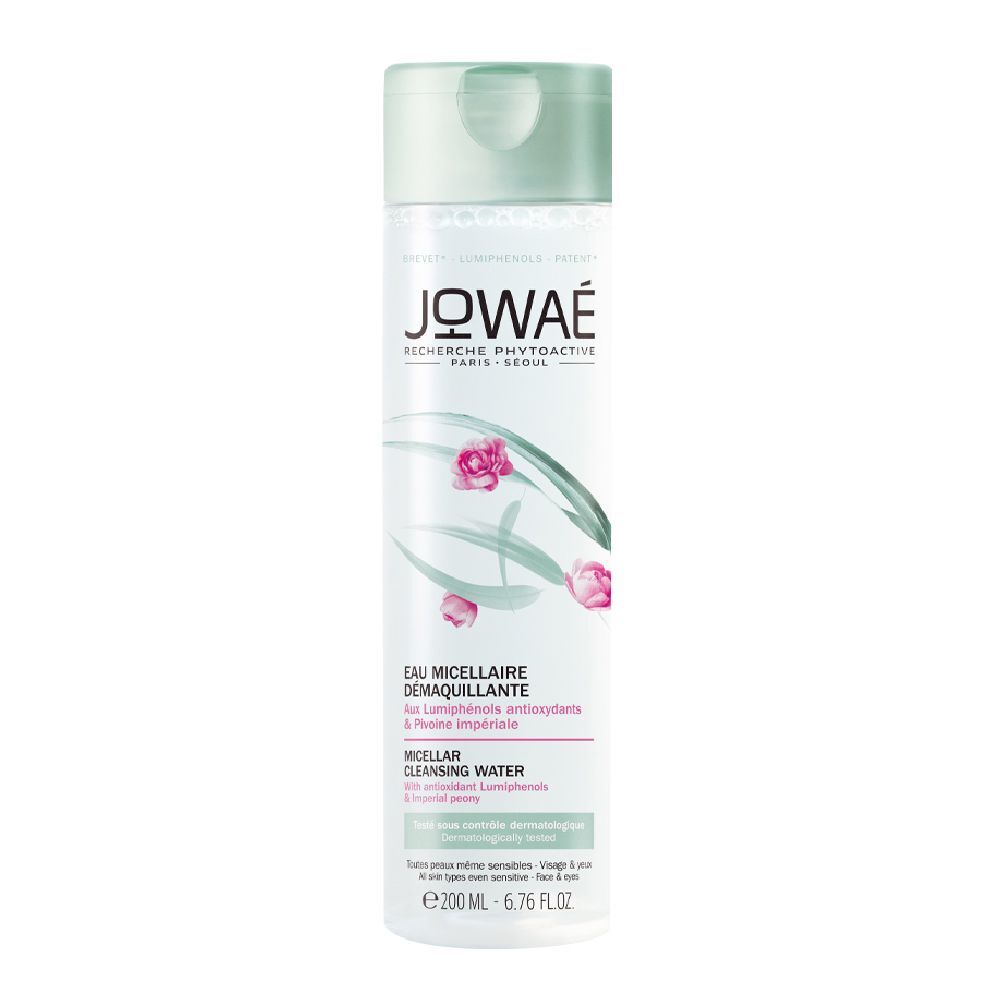 Flacon de JOWAÉ Eau Micellaire Démaquillante. Bouchon vert, étiquette blanche avec motifs floraux.