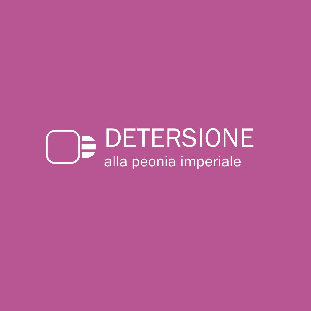 Texte sur fond rose : DETERSIO, alla peonia imperiale. Logo blanc.