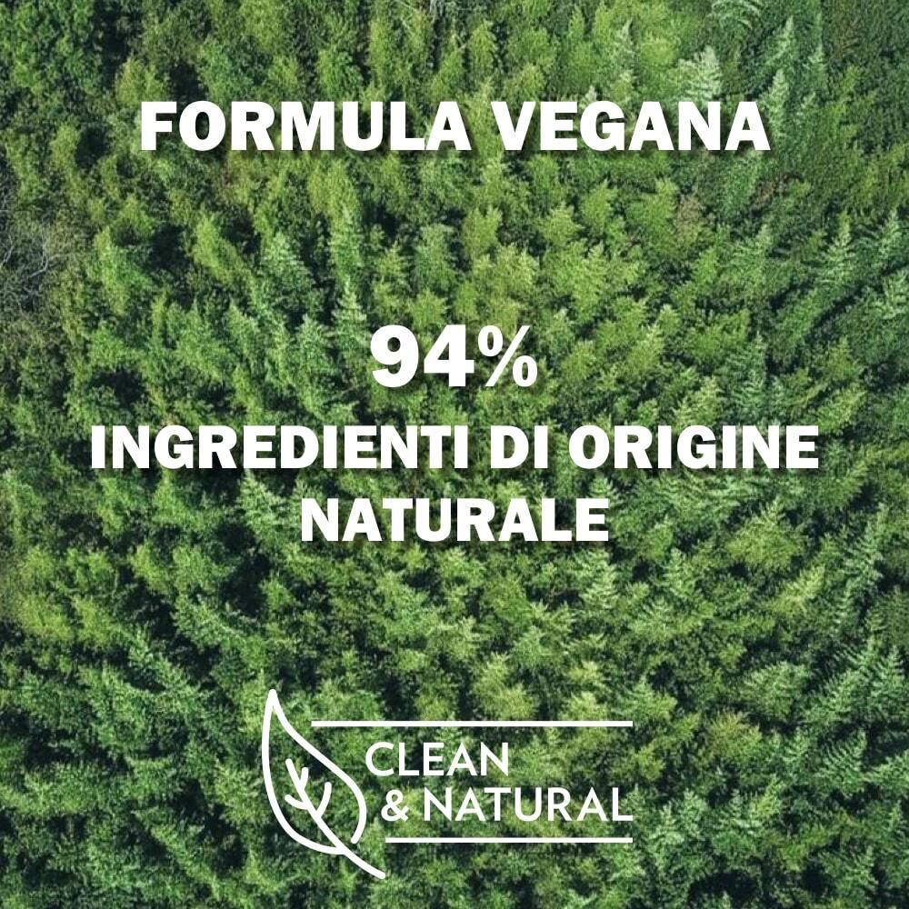 Texte sur fond vert : FORMULA VEGANA, 94% INGREDIENTI DI ORIGINE NATURALE. Logo Clean & Natural.