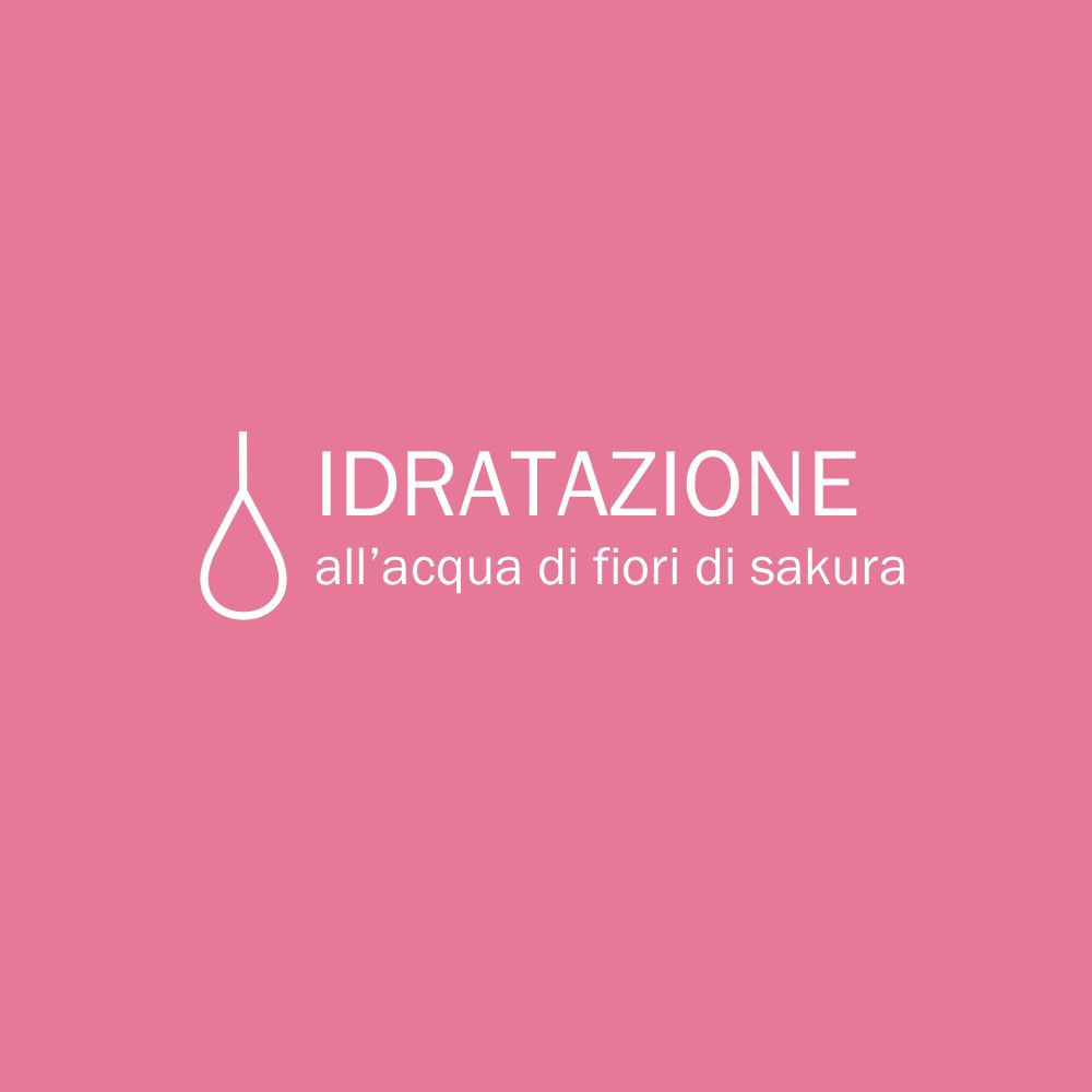 Sfondo rosa con testo: IDRATAZIONE all'acqua di fiori di sakura.
