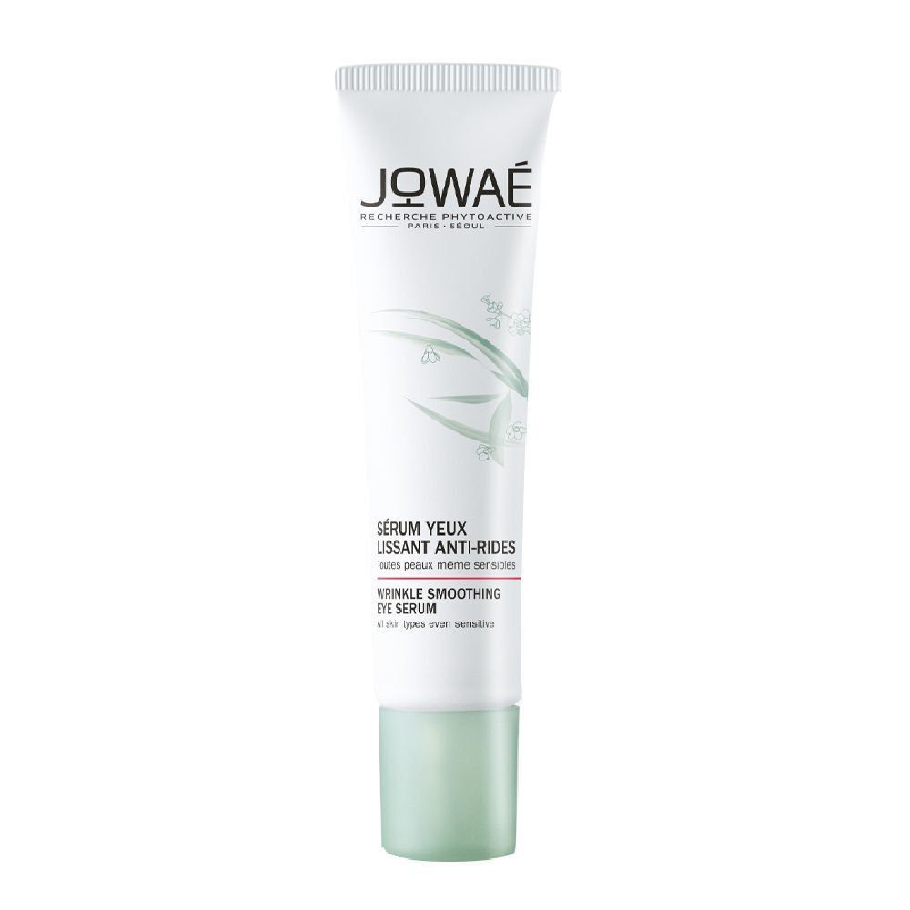 Tubo di siero occhi. Bianco, verde. Scritta: JOWAE, Sérum Yeux Lissant Anti-Rides, Wrinkle Smoothing Eye Serum.