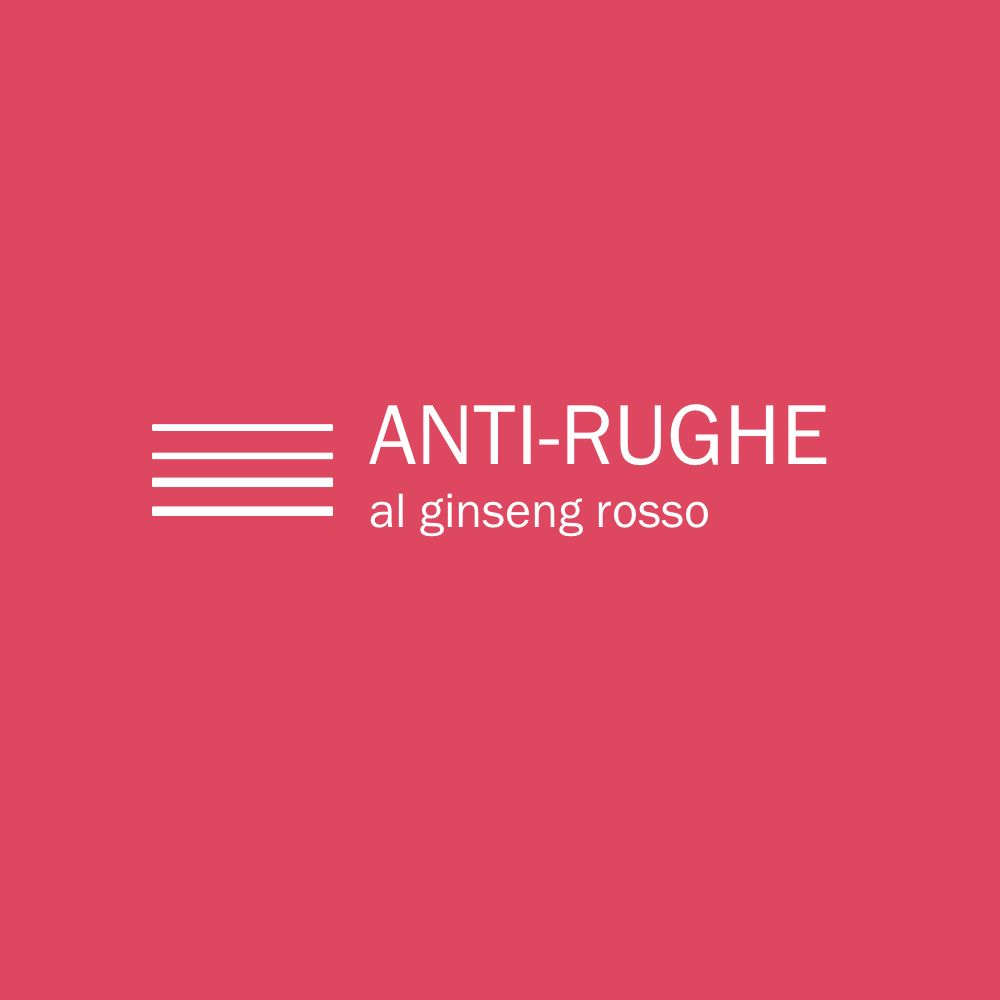 Sfondo rosso con testo bianco: ANTI-RUGHE al ginseng rosso. Tre linee orizzontali.