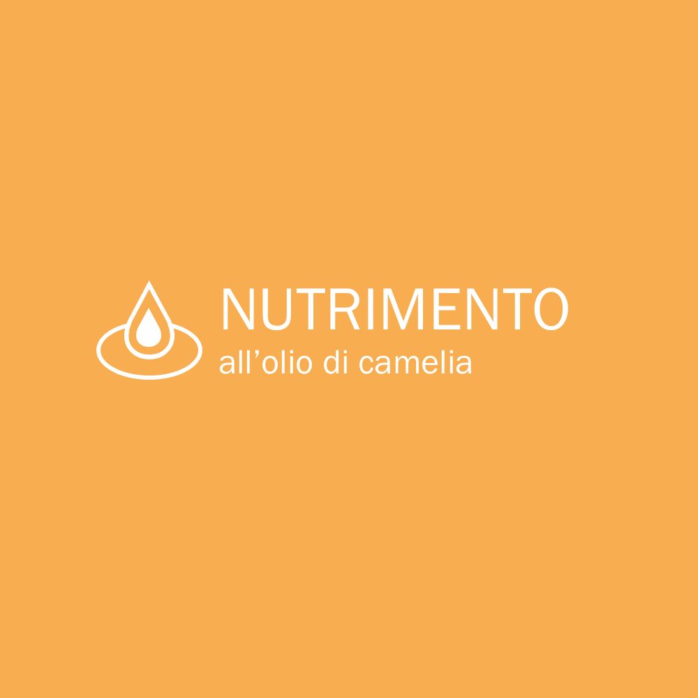 Testo su sfondo arancione: NUTRIZIONE all'olio di camelia. Logo con goccia e cerchio.