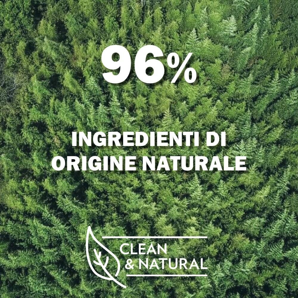 Testo su sfondo verde: 96% Ingrédients d'origine naturelle. Logo Clean & Natural con foglia.