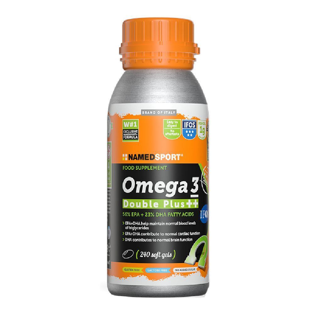 Flacone cilindrico con tappo arancione. Scritta: Omega 3 Double Plus++. Contiene 240 softgels. Certificazione IFOS.