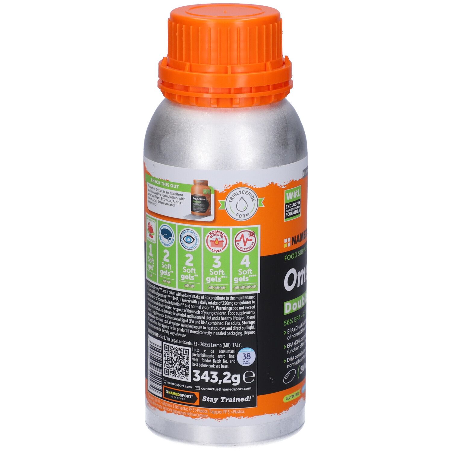 Retro del flacone. Testo e loghi. Contiene 343,2g. Certificazioni e informazioni sugli ingredienti.