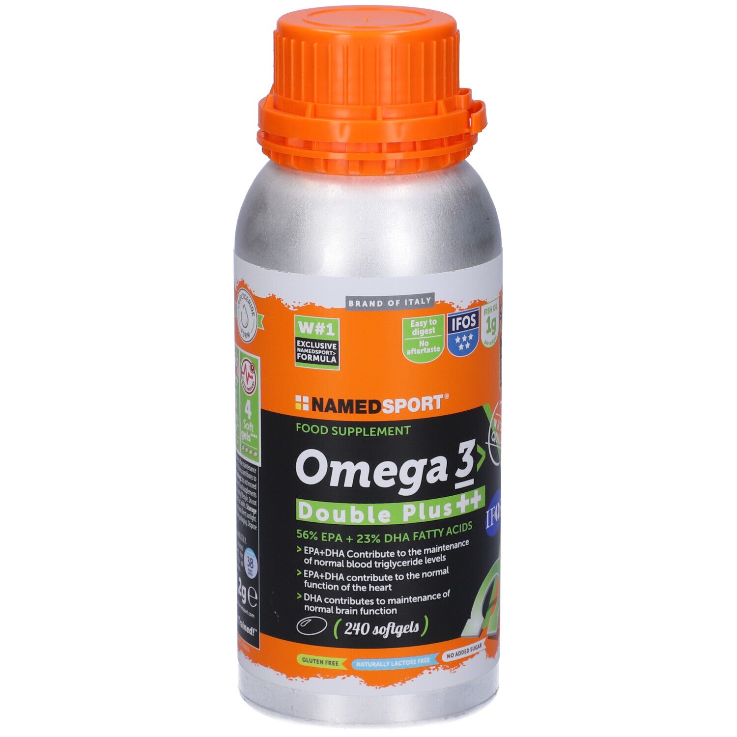 Flacone cilindrico con tappo arancione. Scritta: Omega 3 Double Plus++. Contiene 240 softgels. Certificazione IFOS.
